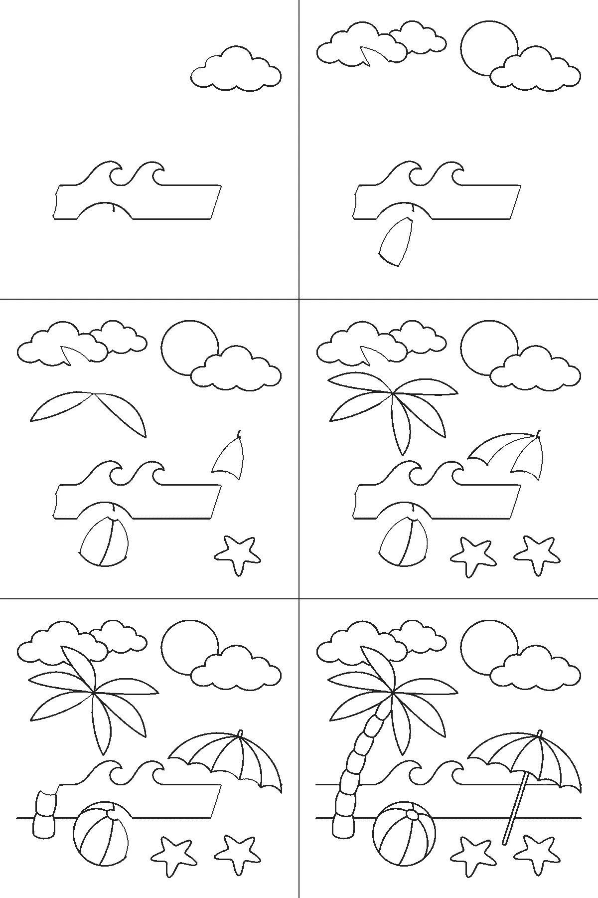 Step-by-step drawing sheet: a beach scene, built up over six frames from the sea and its three waves to the sun and clouds, then the palm leaves, the parasol panels and the two starfish, with the palm trunk and the parasol pole last, black outlines on white