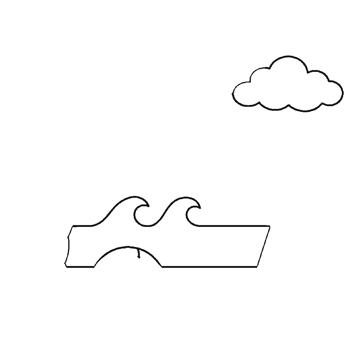 Step 1 of 6: Step-by-step drawing sheet: a beach scene, built up over six frames from the sea and its three waves to the sun and clouds, then the palm leaves, the parasol panels and the two starfish, with the palm trunk and the parasol pole last, black outlines on white