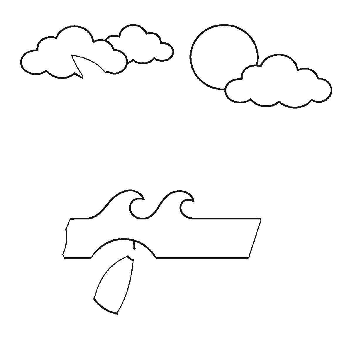 Step 2 of 6: Step-by-step drawing sheet: a beach scene, built up over six frames from the sea and its three waves to the sun and clouds, then the palm leaves, the parasol panels and the two starfish, with the palm trunk and the parasol pole last, black outlines on white