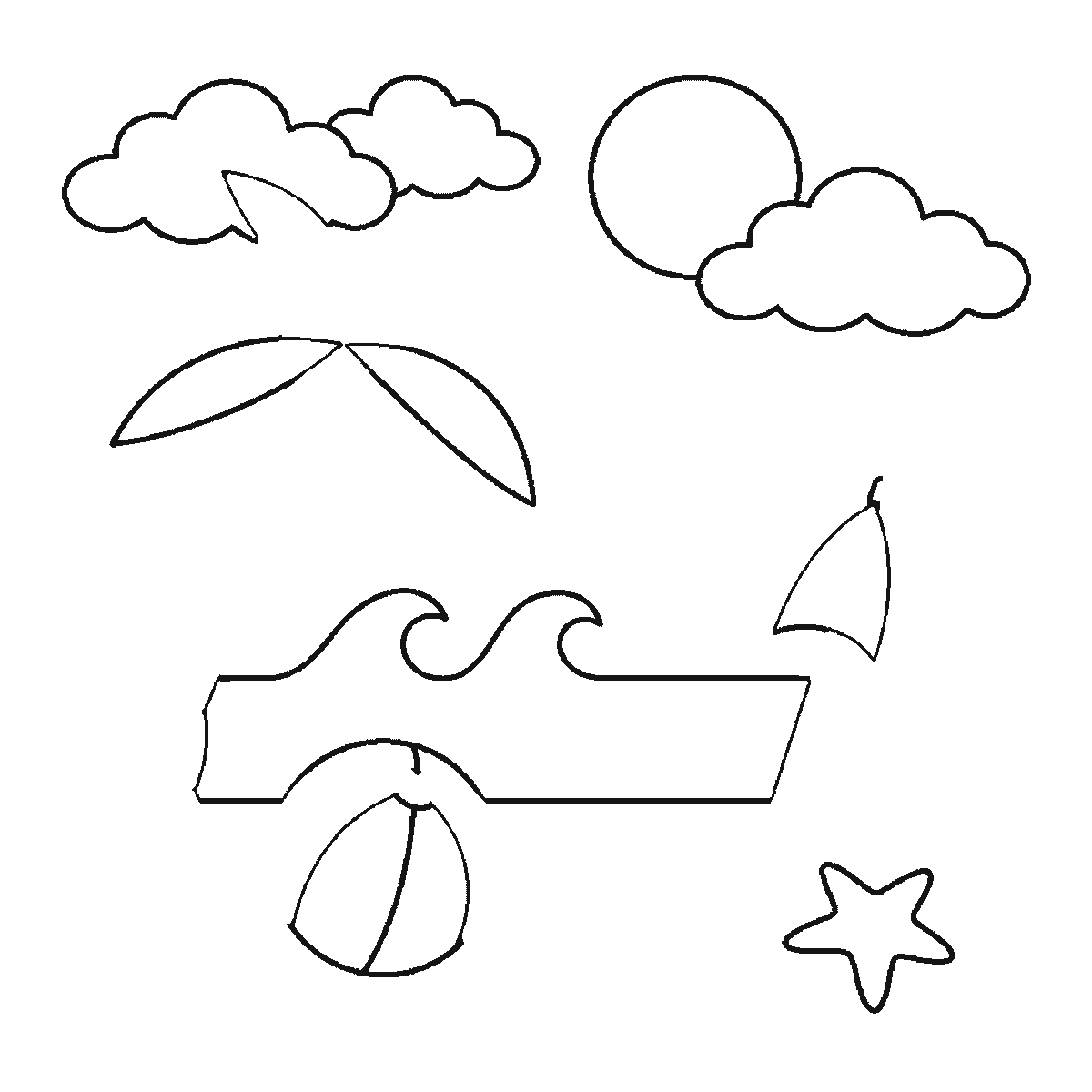 Step 3 of 6: Step-by-step drawing sheet: a beach scene, built up over six frames from the sea and its three waves to the sun and clouds, then the palm leaves, the parasol panels and the two starfish, with the palm trunk and the parasol pole last, black outlines on white