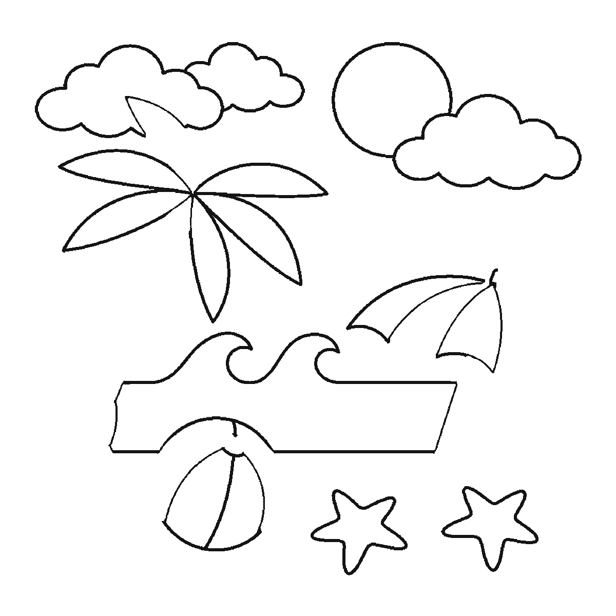Step 4 of 6: Step-by-step drawing sheet: a beach scene, built up over six frames from the sea and its three waves to the sun and clouds, then the palm leaves, the parasol panels and the two starfish, with the palm trunk and the parasol pole last, black outlines on white