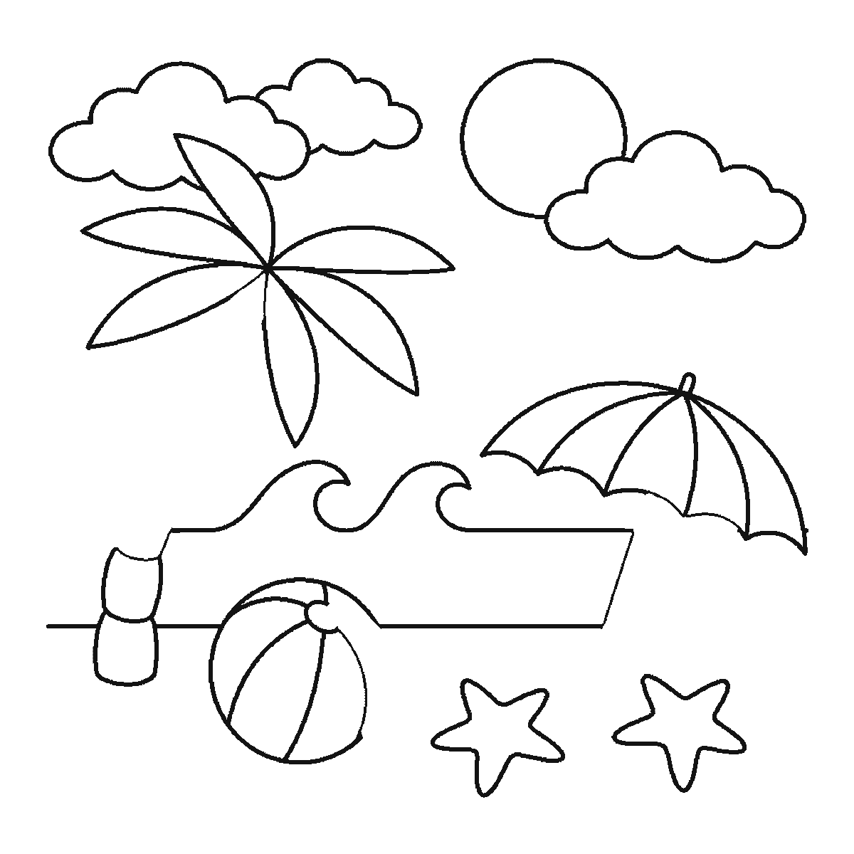 Step 5 of 6: Step-by-step drawing sheet: a beach scene, built up over six frames from the sea and its three waves to the sun and clouds, then the palm leaves, the parasol panels and the two starfish, with the palm trunk and the parasol pole last, black outlines on white