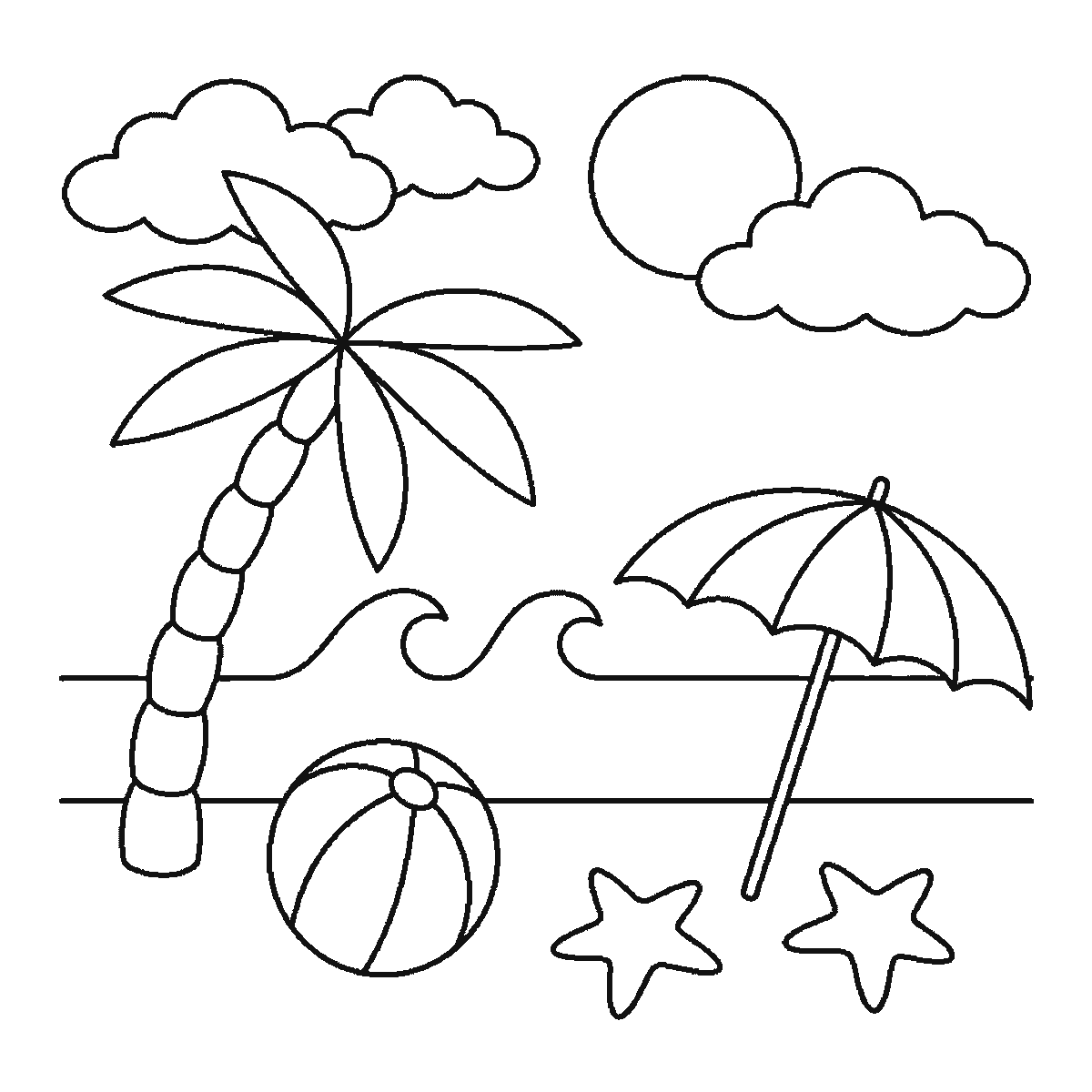 Step 6 of 6: Step-by-step drawing sheet: a beach scene, built up over six frames from the sea and its three waves to the sun and clouds, then the palm leaves, the parasol panels and the two starfish, with the palm trunk and the parasol pole last, black outlines on white