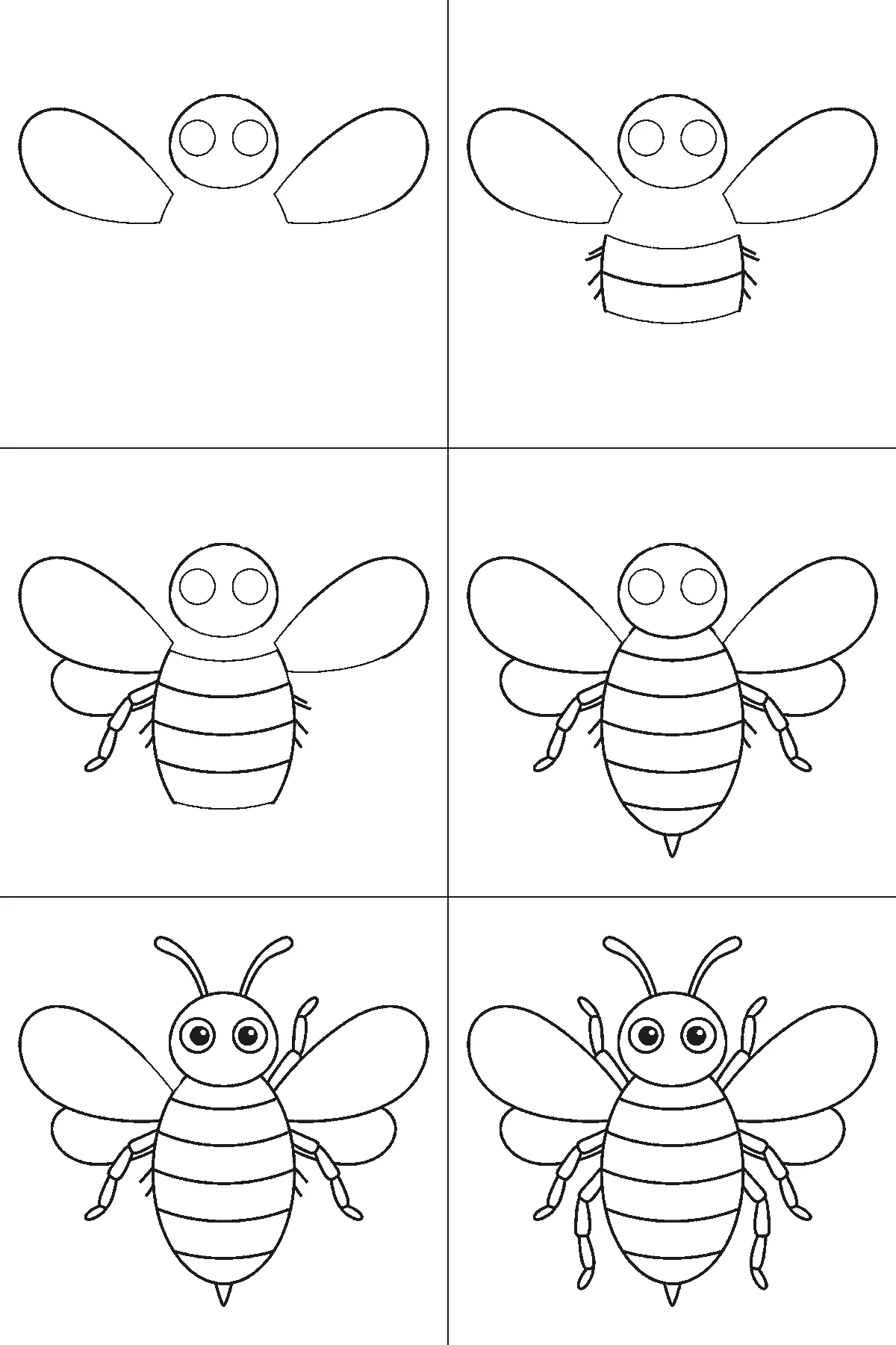 Step-by-step drawing sheet: a bumblebee in flight seen from the front, built up over six frames from the wings and head to the striped body, legs and antennae, black outlines on white