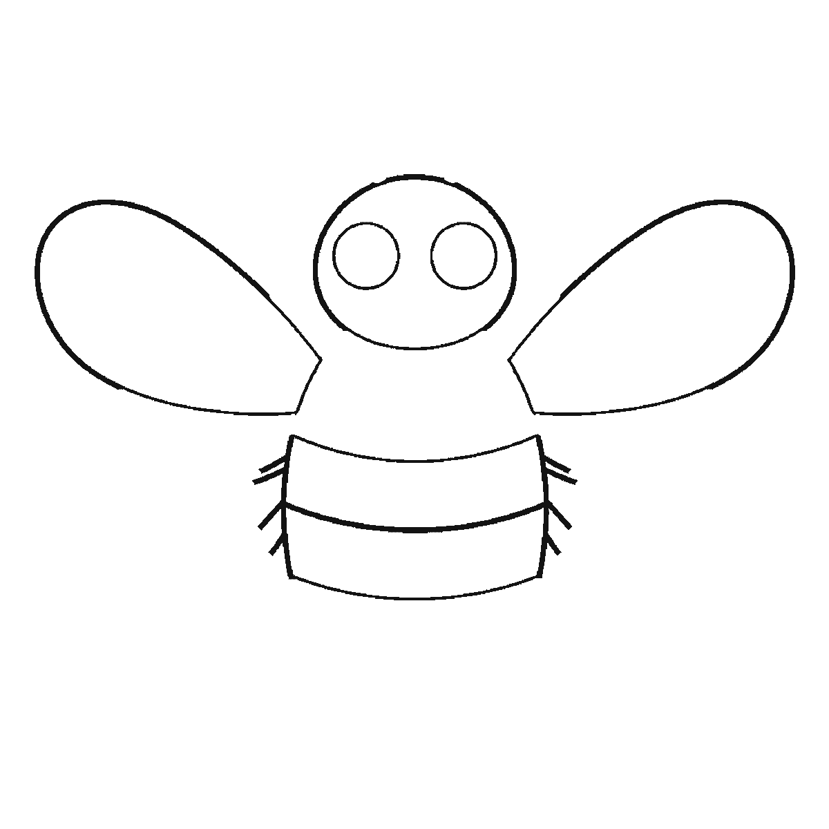 Step 2 of 6: Step-by-step drawing sheet: a bumblebee in flight seen from the front, built up over six frames from the wings and head to the striped body, legs and antennae, black outlines on white