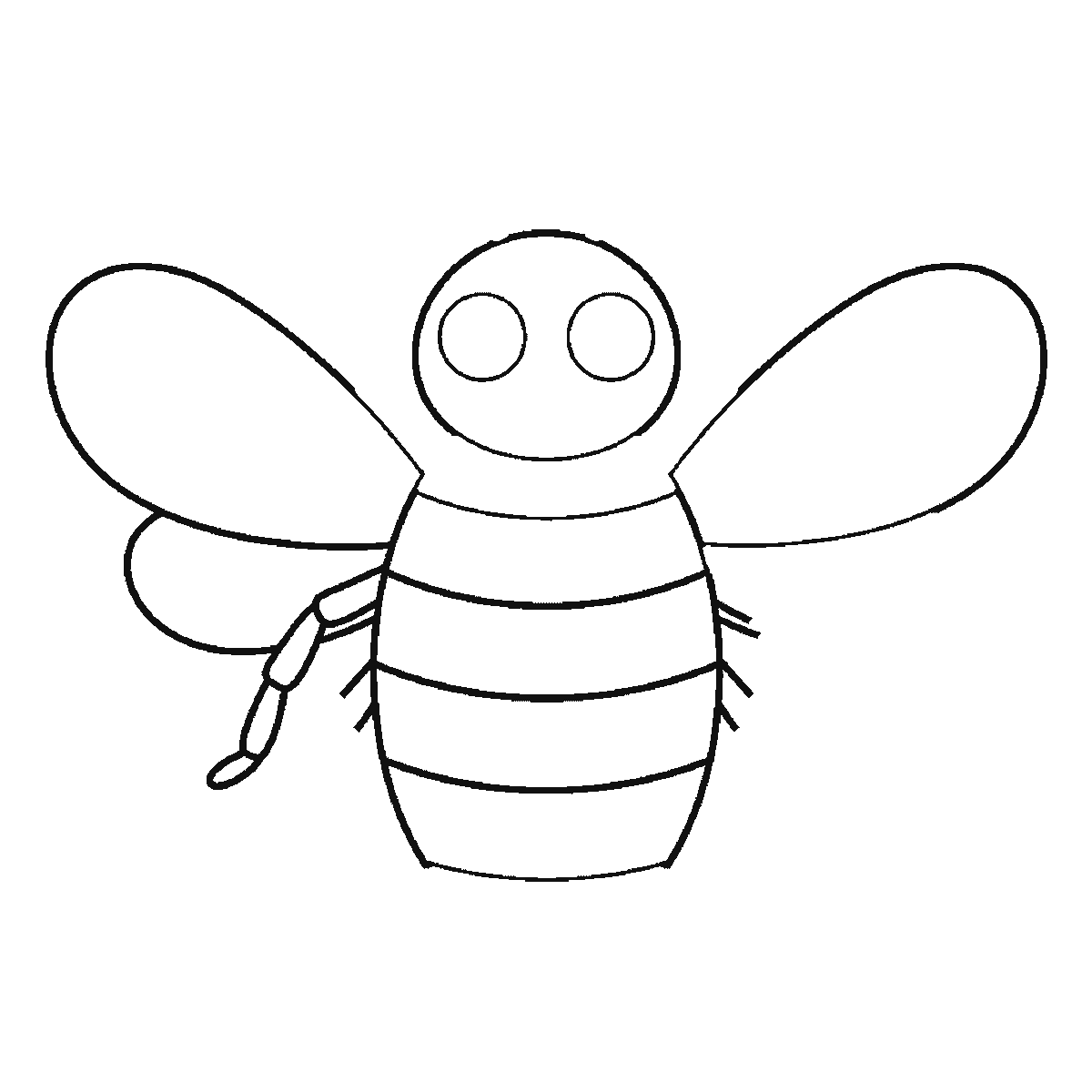 Step 3 of 6: Step-by-step drawing sheet: a bumblebee in flight seen from the front, built up over six frames from the wings and head to the striped body, legs and antennae, black outlines on white