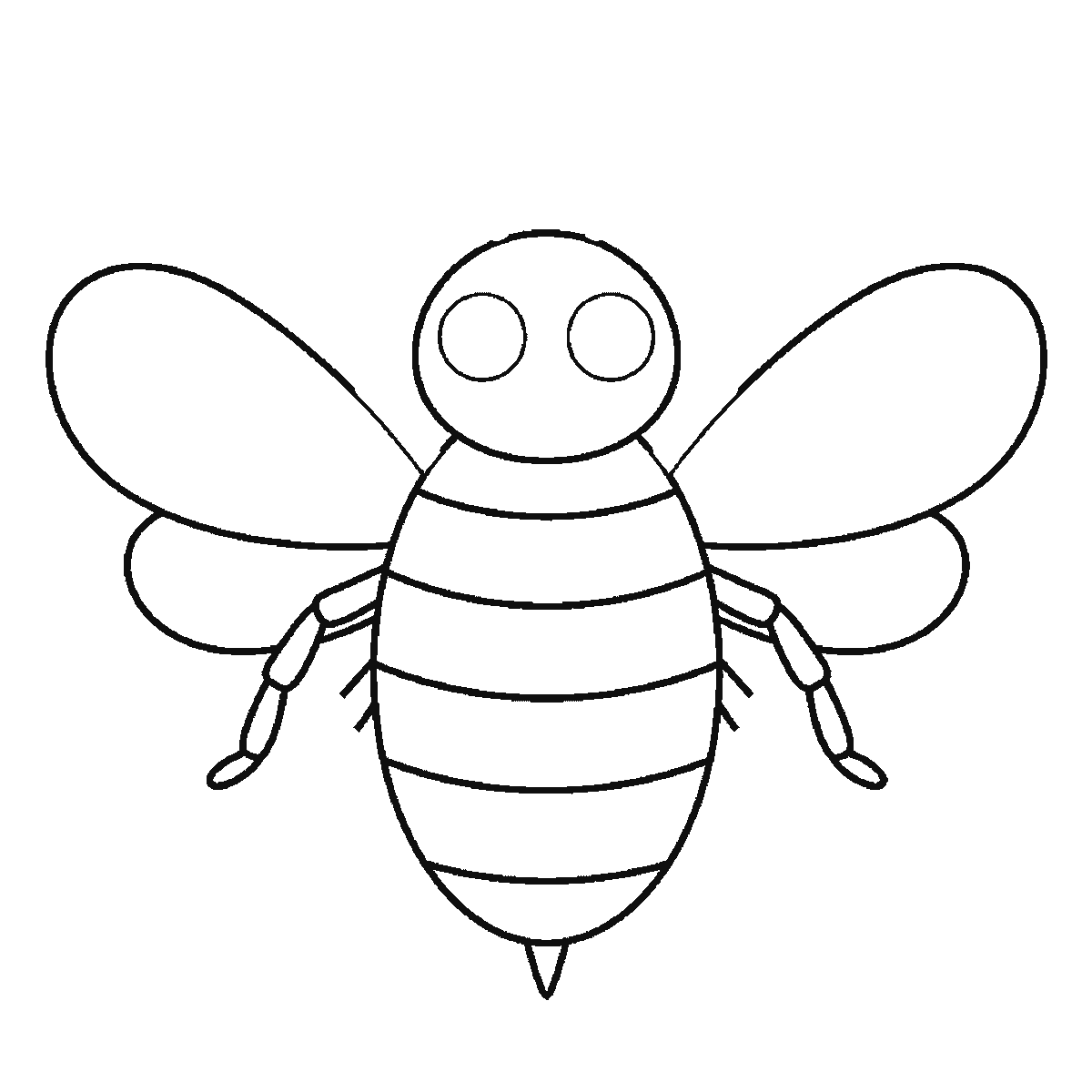 Step 4 of 6: Step-by-step drawing sheet: a bumblebee in flight seen from the front, built up over six frames from the wings and head to the striped body, legs and antennae, black outlines on white