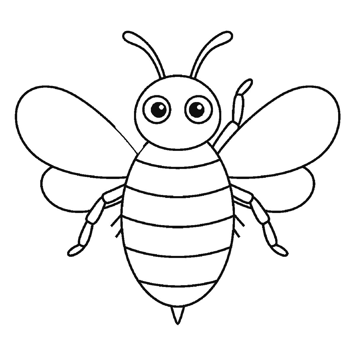 Step 5 of 6: Step-by-step drawing sheet: a bumblebee in flight seen from the front, built up over six frames from the wings and head to the striped body, legs and antennae, black outlines on white