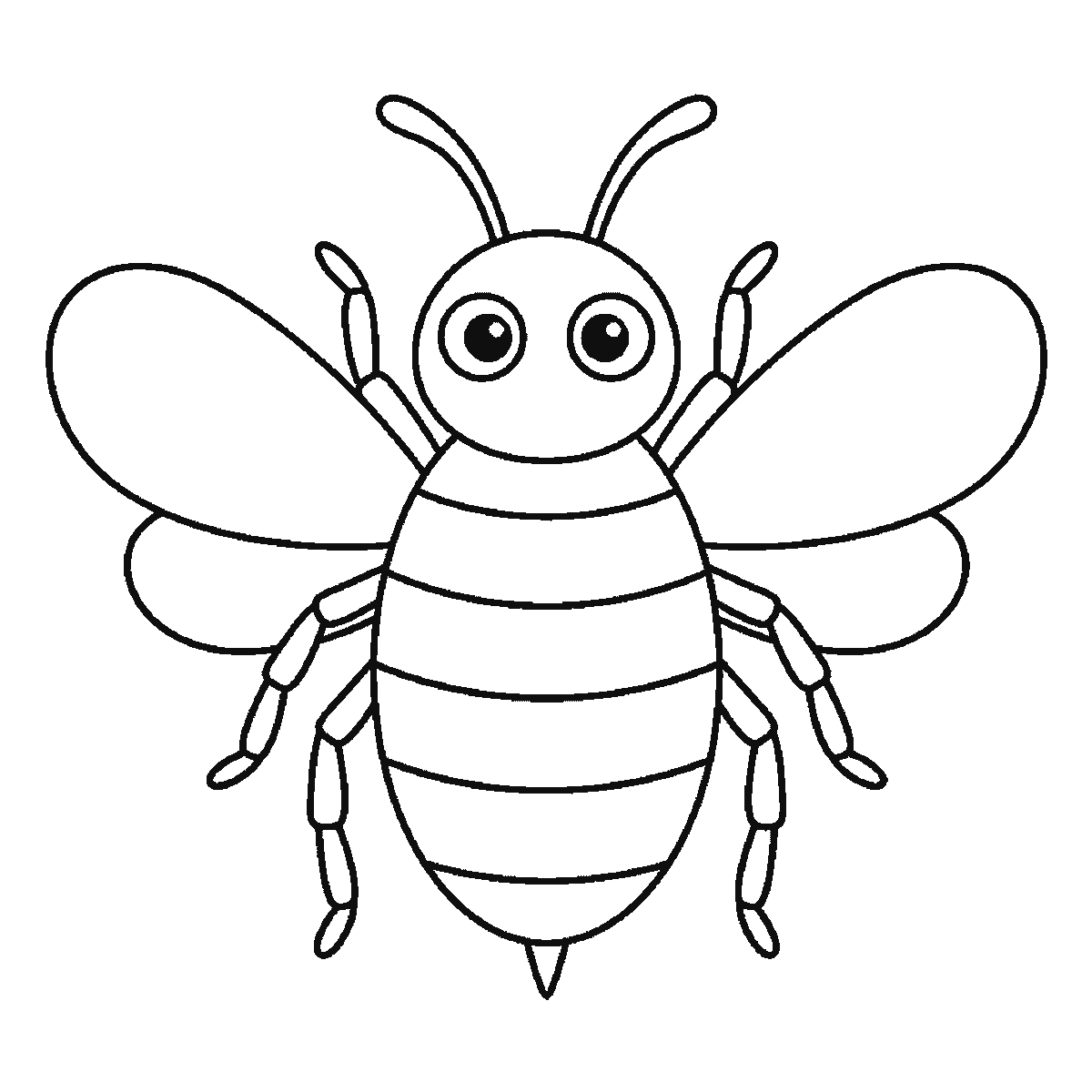 Step 6 of 6: Step-by-step drawing sheet: a bumblebee in flight seen from the front, built up over six frames from the wings and head to the striped body, legs and antennae, black outlines on white