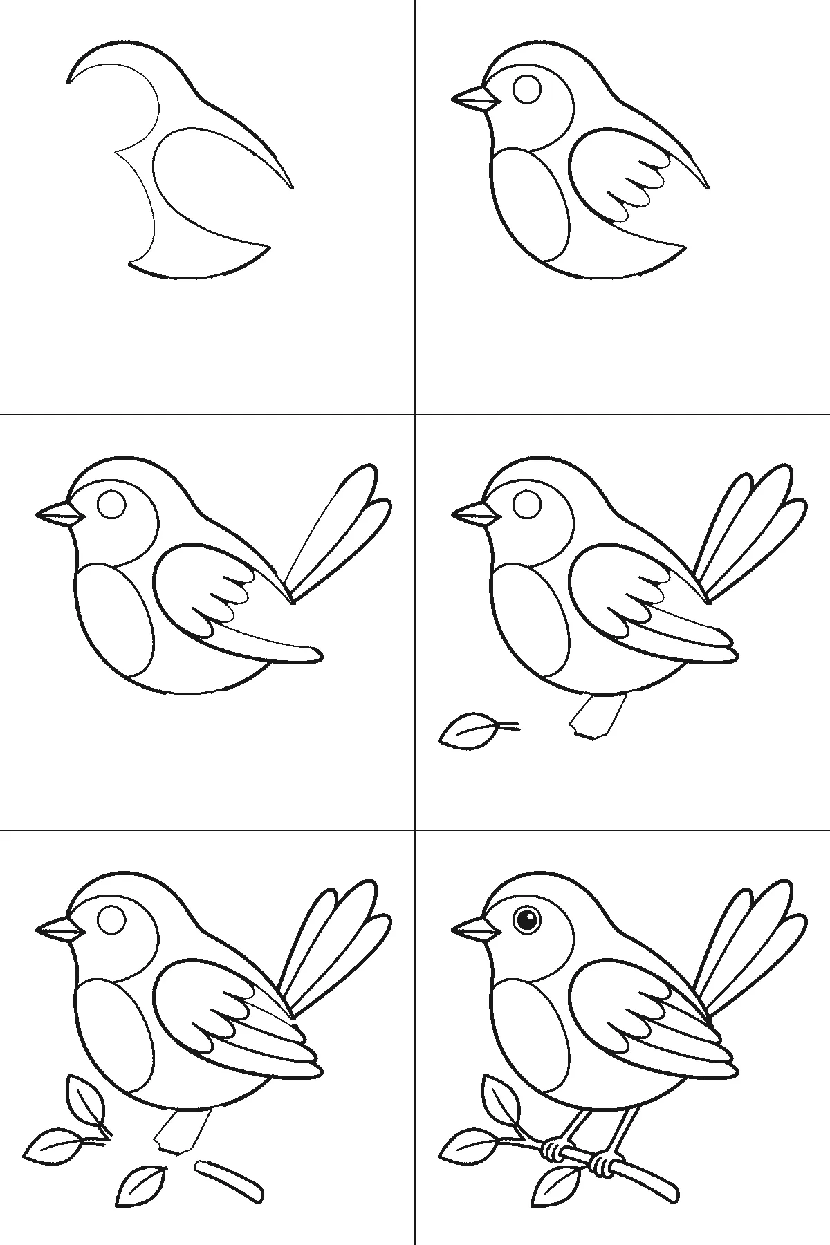 Step-by-step drawing sheet: a small bird perched on a branch, built up over six frames from the body outline to the head, beak and wing together, then the tail feathers, the leafy branch, and the gripping feet last, black outlines on white