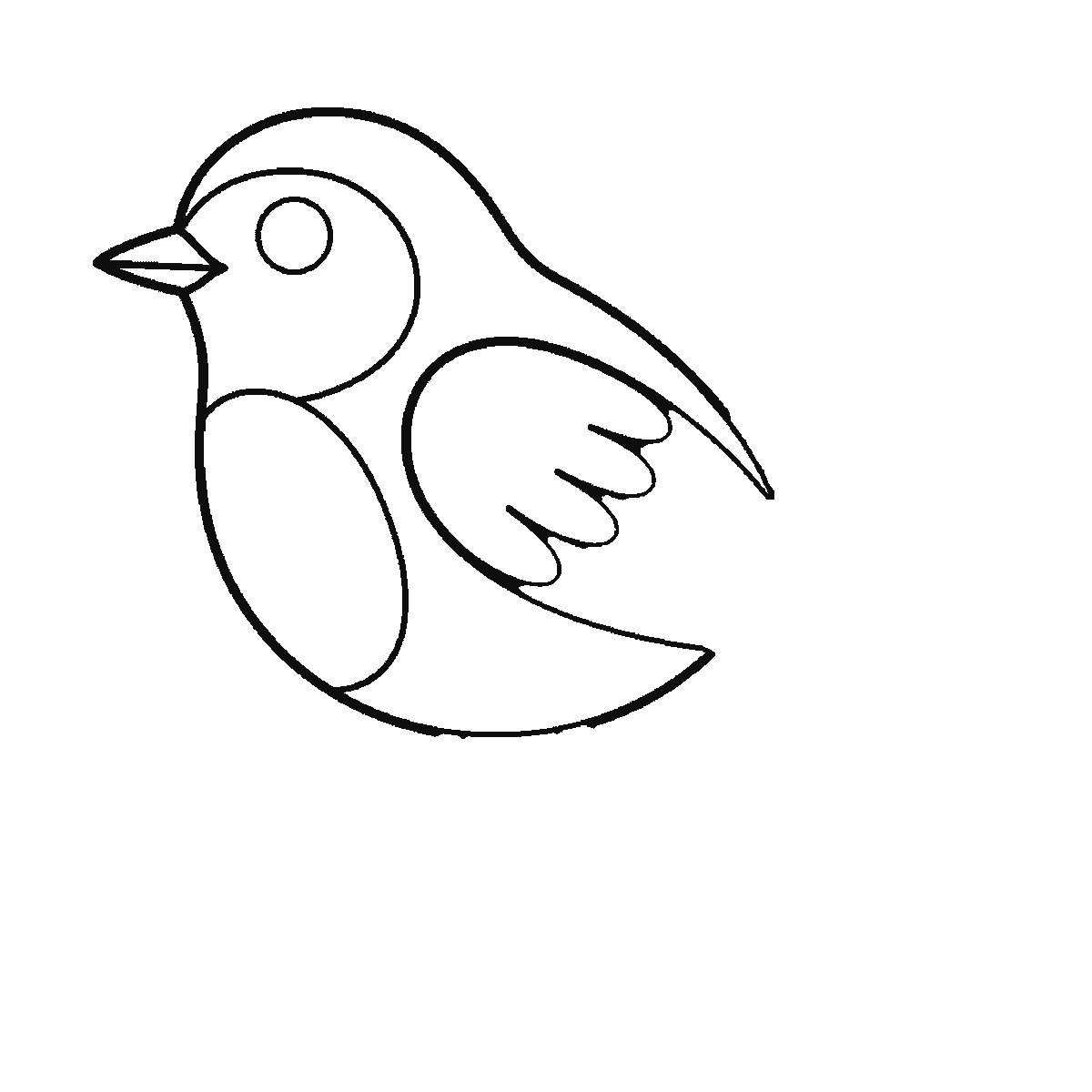 Step 2 of 6: Step-by-step drawing sheet: a small bird perched on a branch, built up over six frames from the body outline to the head, beak and wing together, then the tail feathers, the leafy branch, and the gripping feet last, black outlines on white