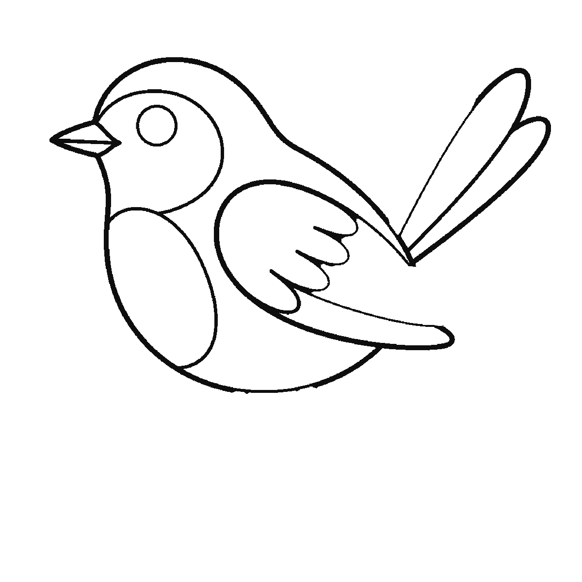 Step 3 of 6: Step-by-step drawing sheet: a small bird perched on a branch, built up over six frames from the body outline to the head, beak and wing together, then the tail feathers, the leafy branch, and the gripping feet last, black outlines on white