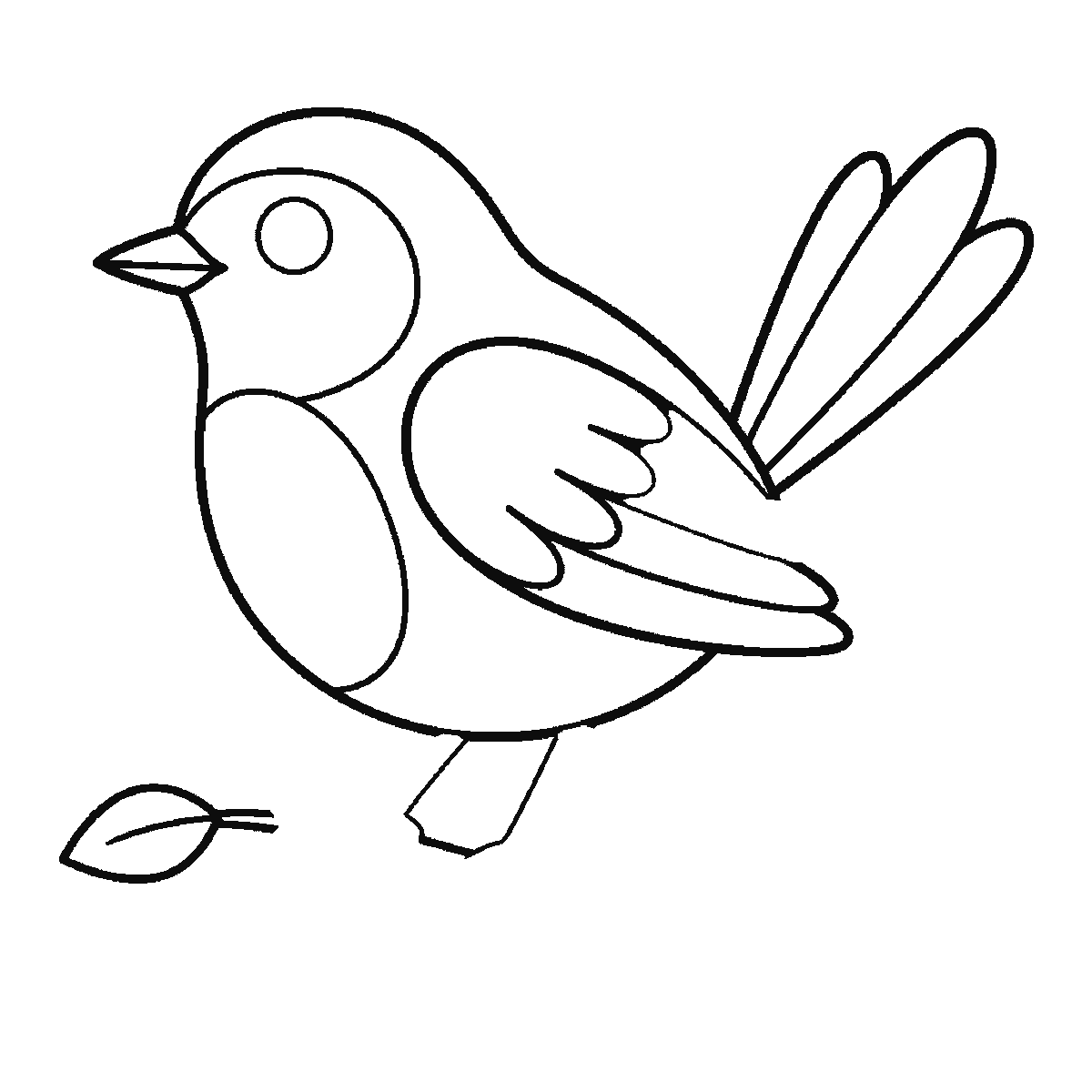 Step 4 of 6: Step-by-step drawing sheet: a small bird perched on a branch, built up over six frames from the body outline to the head, beak and wing together, then the tail feathers, the leafy branch, and the gripping feet last, black outlines on white