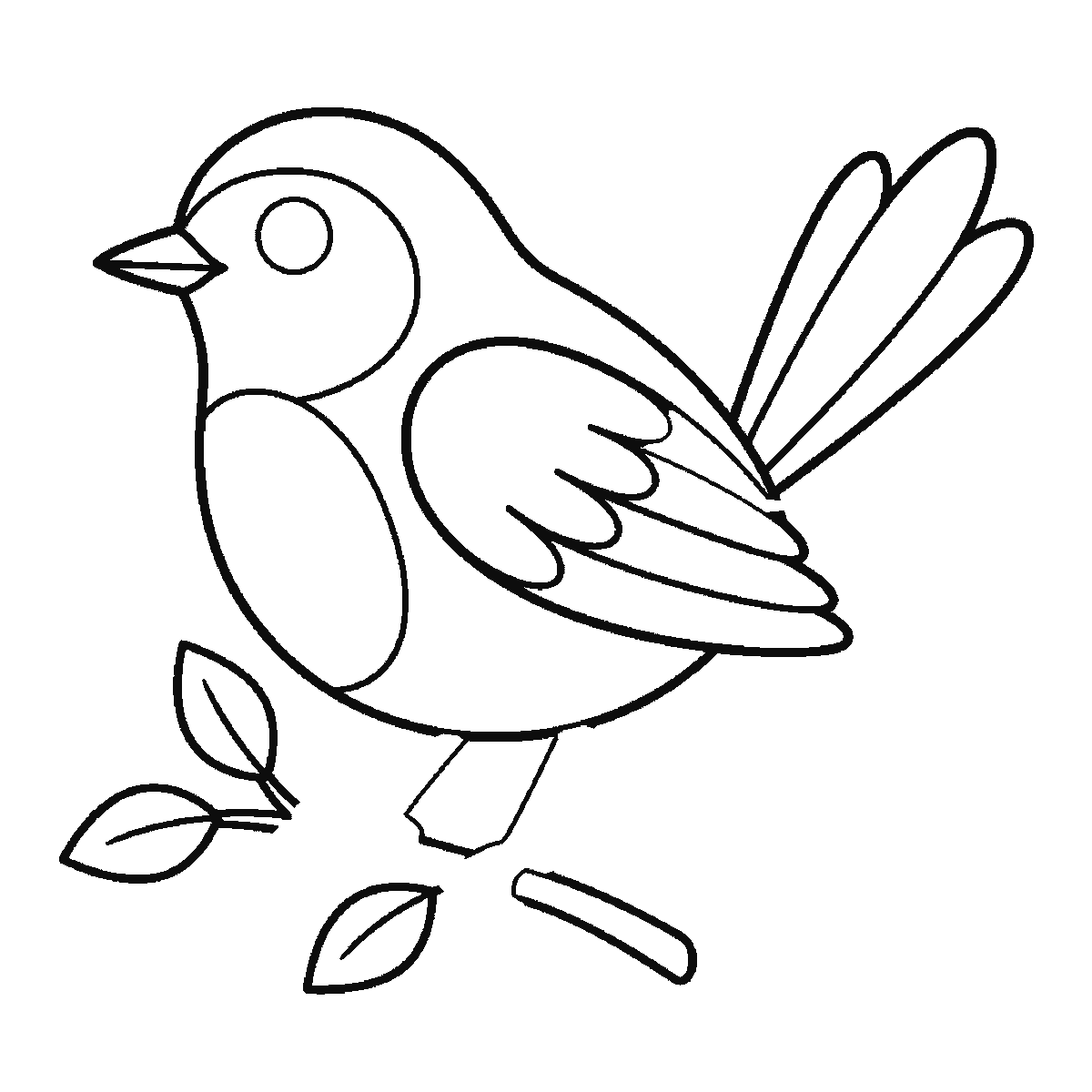 Step 5 of 6: Step-by-step drawing sheet: a small bird perched on a branch, built up over six frames from the body outline to the head, beak and wing together, then the tail feathers, the leafy branch, and the gripping feet last, black outlines on white