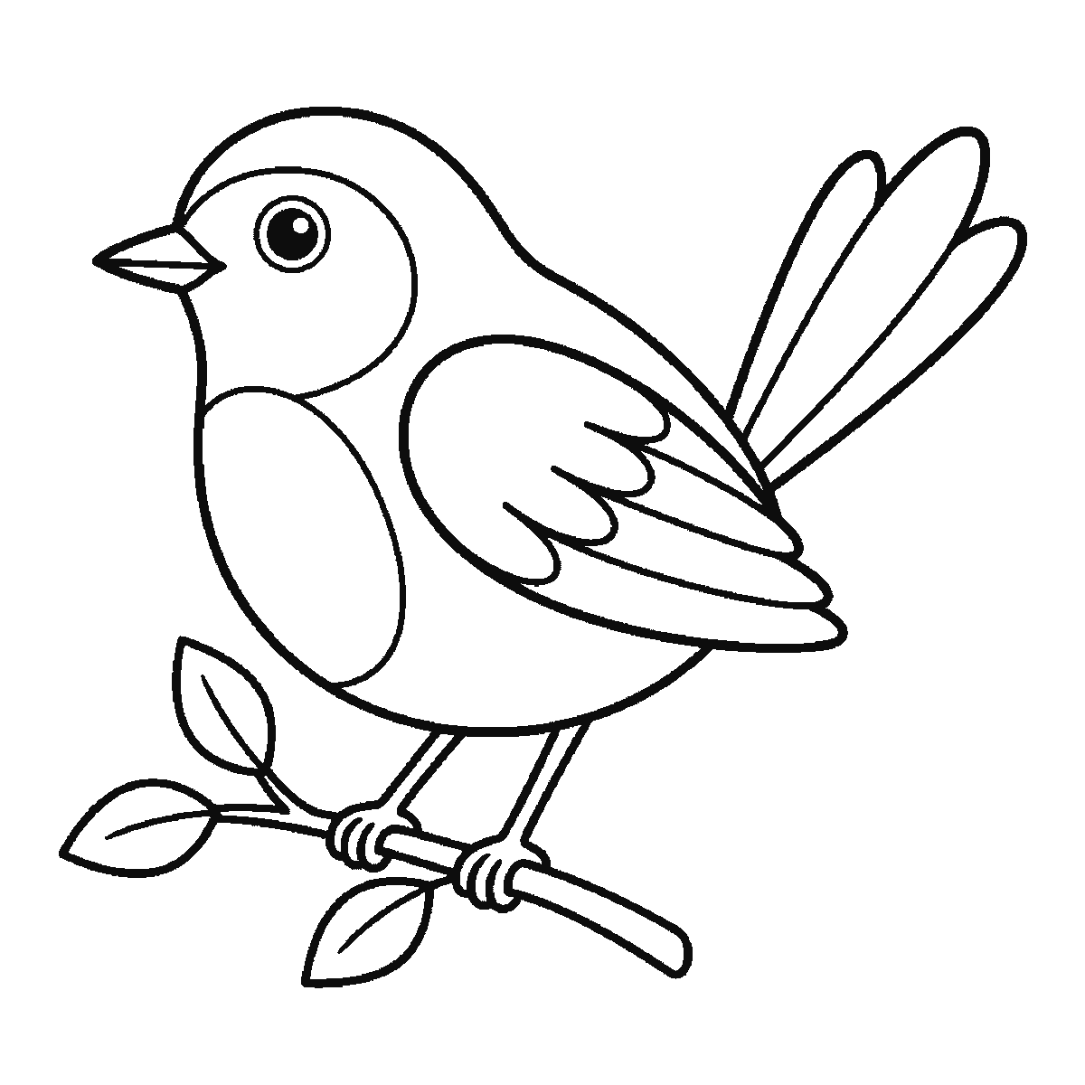 Step 6 of 6: Step-by-step drawing sheet: a small bird perched on a branch, built up over six frames from the body outline to the head, beak and wing together, then the tail feathers, the leafy branch, and the gripping feet last, black outlines on white