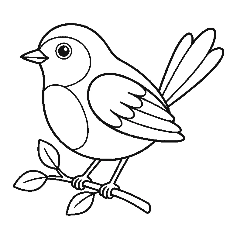 Step-by-step drawing sheet: a small bird perched on a branch, built up over six frames from the body outline to the head, beak and wing together, then the tail feathers, the leafy branch, and the gripping feet last, black outlines on white