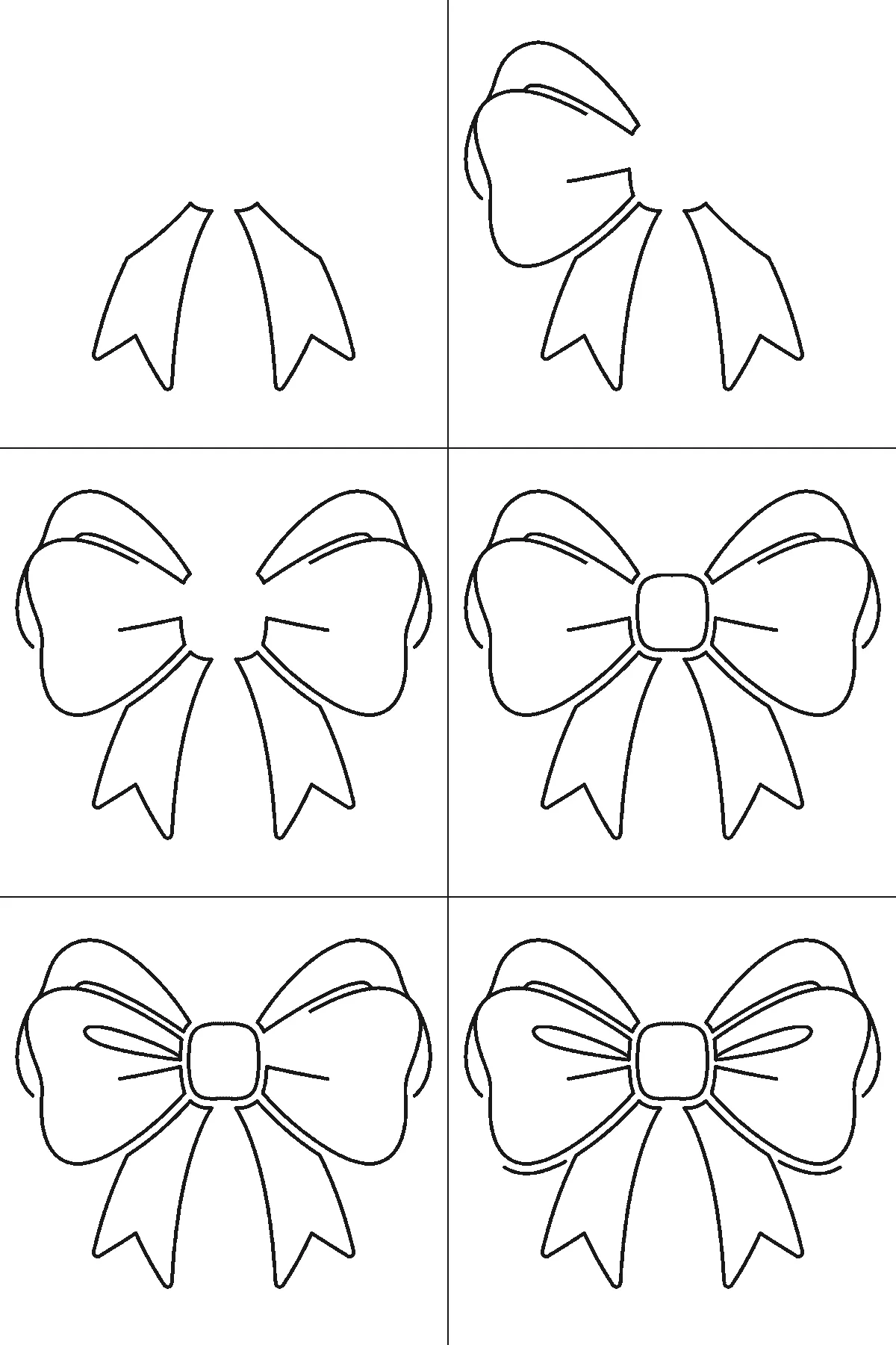 Step-by-step drawing sheet: a tied ribbon bow, built up over six frames from the hanging tails to the loops, knot and folds, black outlines on white