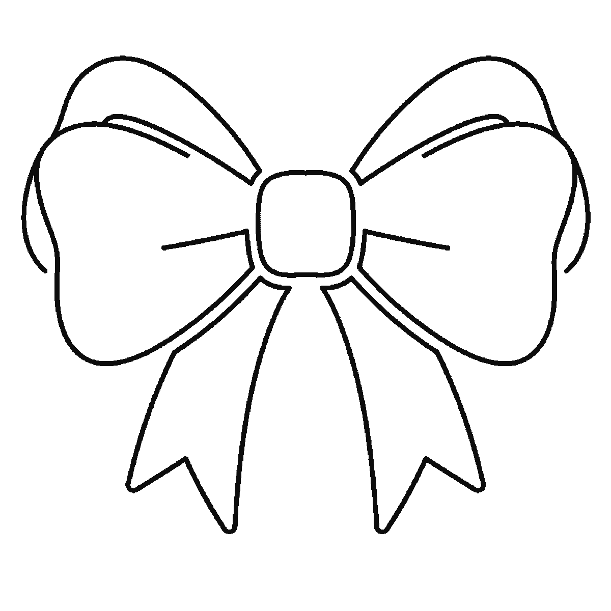 Step 4 of 6: Step-by-step drawing sheet: a tied ribbon bow, built up over six frames from the hanging tails to the loops, knot and folds, black outlines on white