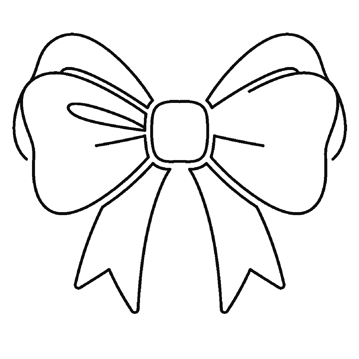 Step 5 of 6: Step-by-step drawing sheet: a tied ribbon bow, built up over six frames from the hanging tails to the loops, knot and folds, black outlines on white