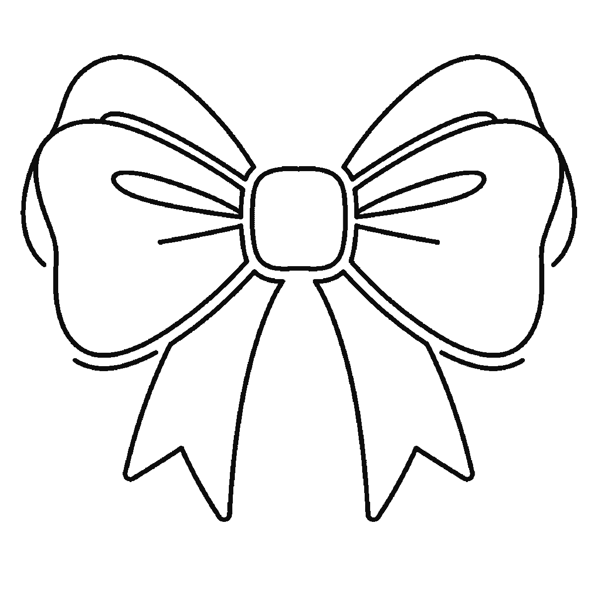 Step 6 of 6: Step-by-step drawing sheet: a tied ribbon bow, built up over six frames from the hanging tails to the loops, knot and folds, black outlines on white