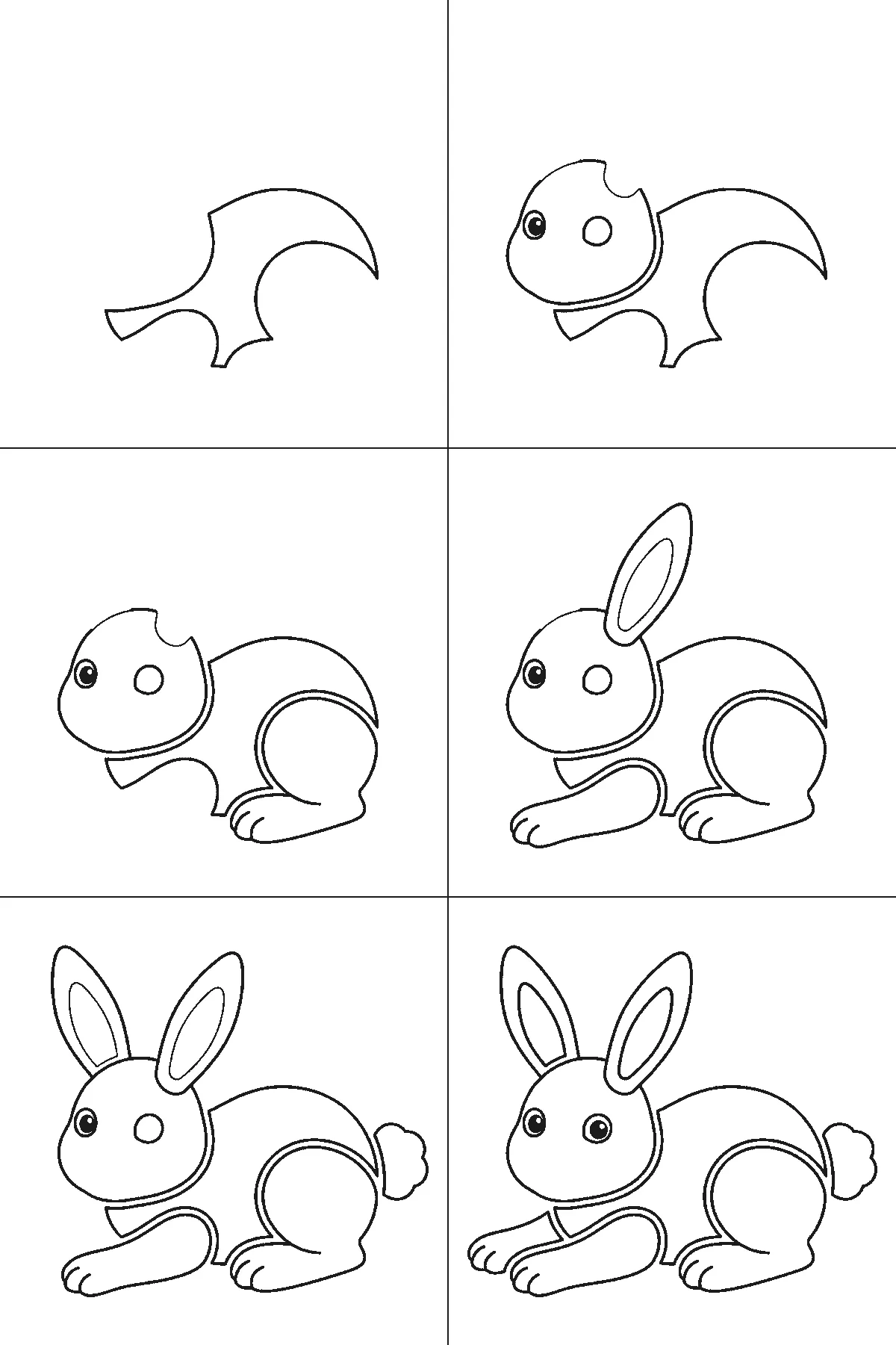 Step-by-step drawing sheet: a bunny lying down with its paws stretched forward, built up over six frames from the head to the body, long ears and fluffy tail, black outlines on white