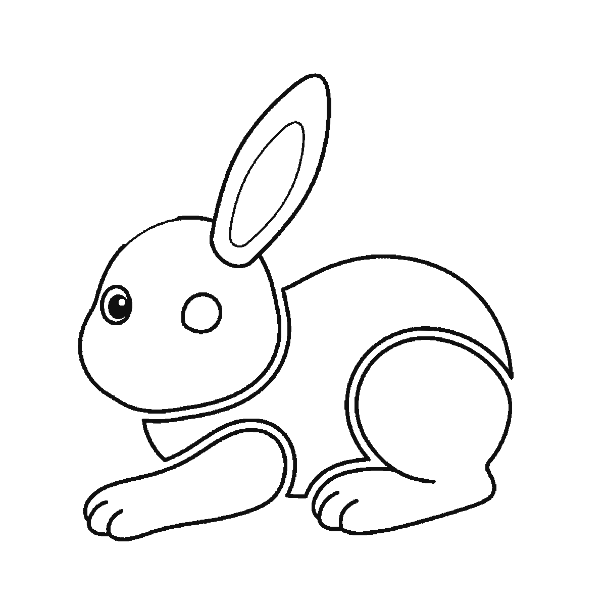 Step 4 of 6: Step-by-step drawing sheet: a bunny lying down with its paws stretched forward, built up over six frames from the head to the body, long ears and fluffy tail, black outlines on white