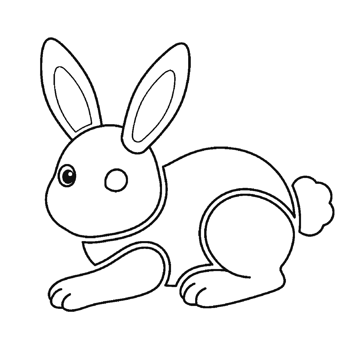 Step 5 of 6: Step-by-step drawing sheet: a bunny lying down with its paws stretched forward, built up over six frames from the head to the body, long ears and fluffy tail, black outlines on white