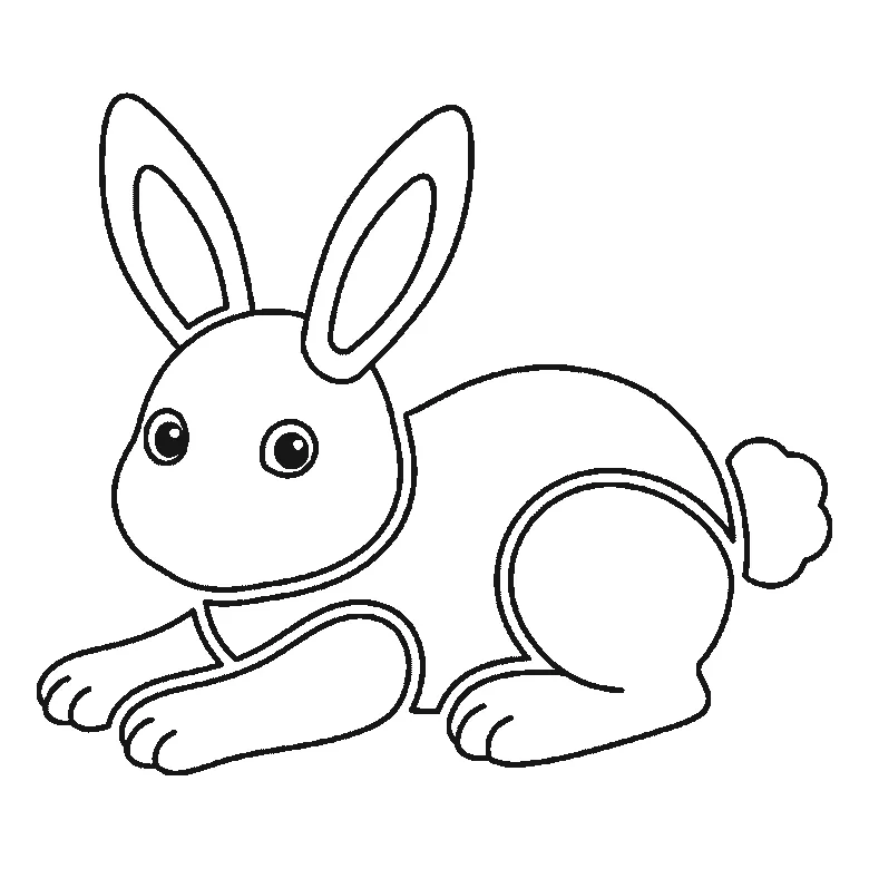 Step-by-step drawing sheet: a bunny lying down with its paws stretched forward, built up over six frames from the head to the body, long ears and fluffy tail, black outlines on white