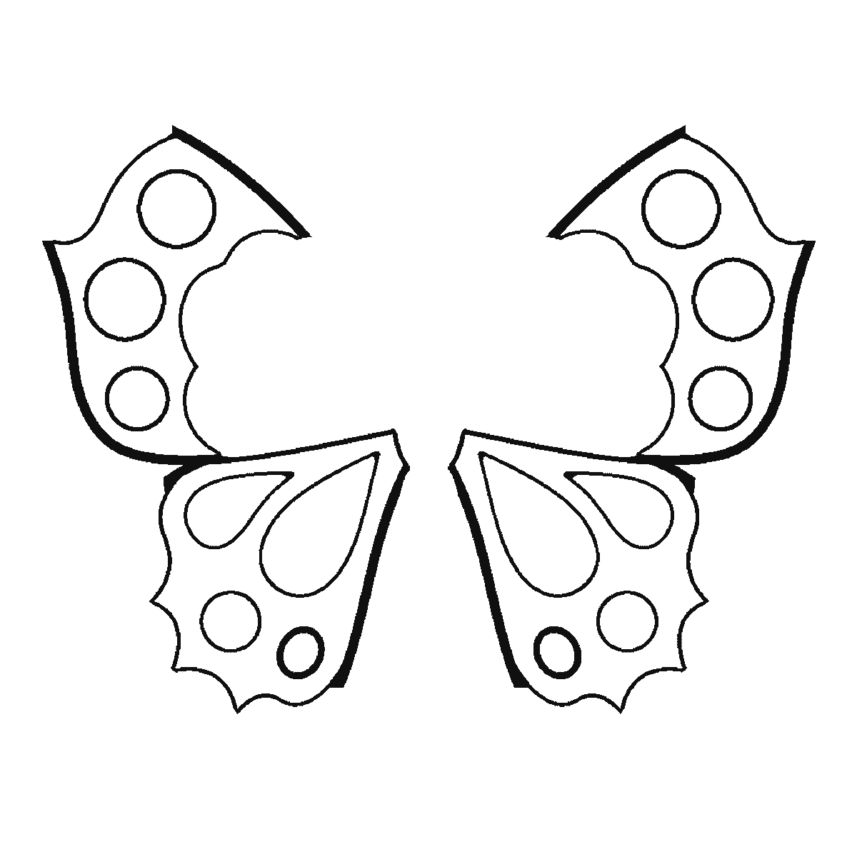 Step 2 of 6: Step-by-step drawing sheet: a butterfly seen from above, built up over six frames from the two lower wings to the upper pair, then their spots and teardrop markings, and the body and antennae last, black outlines on white