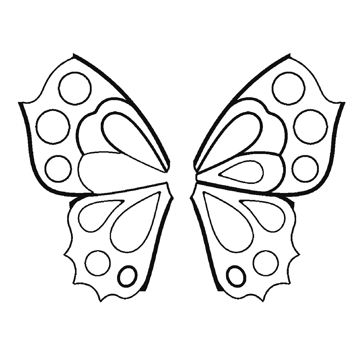 Step 3 of 6: Step-by-step drawing sheet: a butterfly seen from above, built up over six frames from the two lower wings to the upper pair, then their spots and teardrop markings, and the body and antennae last, black outlines on white