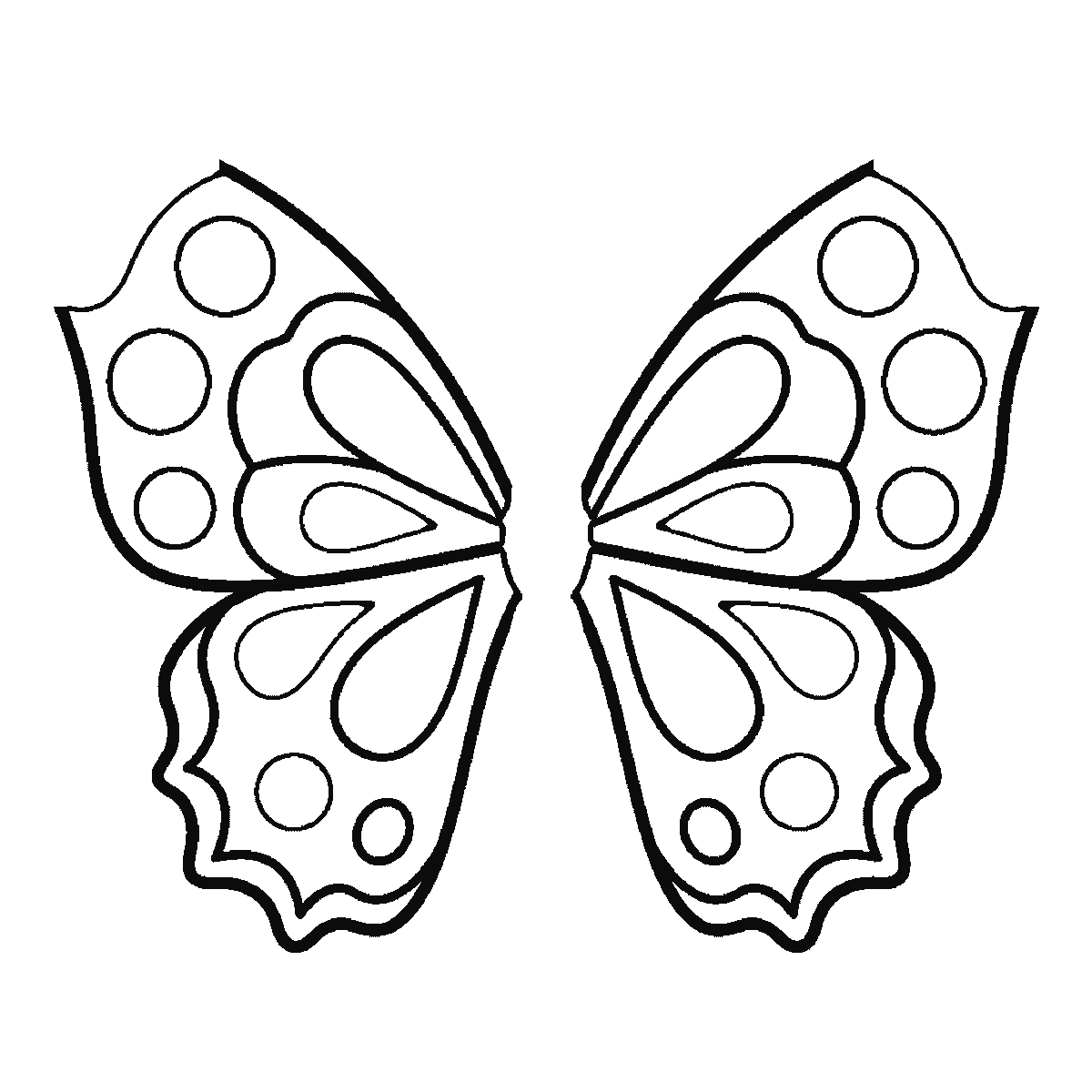 Step 4 of 6: Step-by-step drawing sheet: a butterfly seen from above, built up over six frames from the two lower wings to the upper pair, then their spots and teardrop markings, and the body and antennae last, black outlines on white