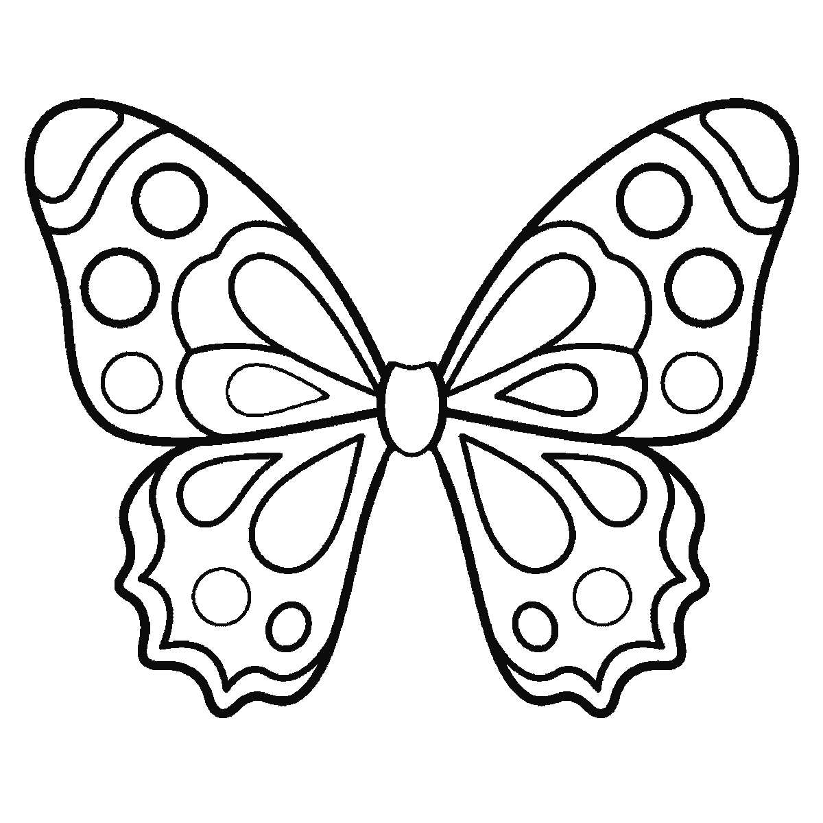 Step 5 of 6: Step-by-step drawing sheet: a butterfly seen from above, built up over six frames from the two lower wings to the upper pair, then their spots and teardrop markings, and the body and antennae last, black outlines on white