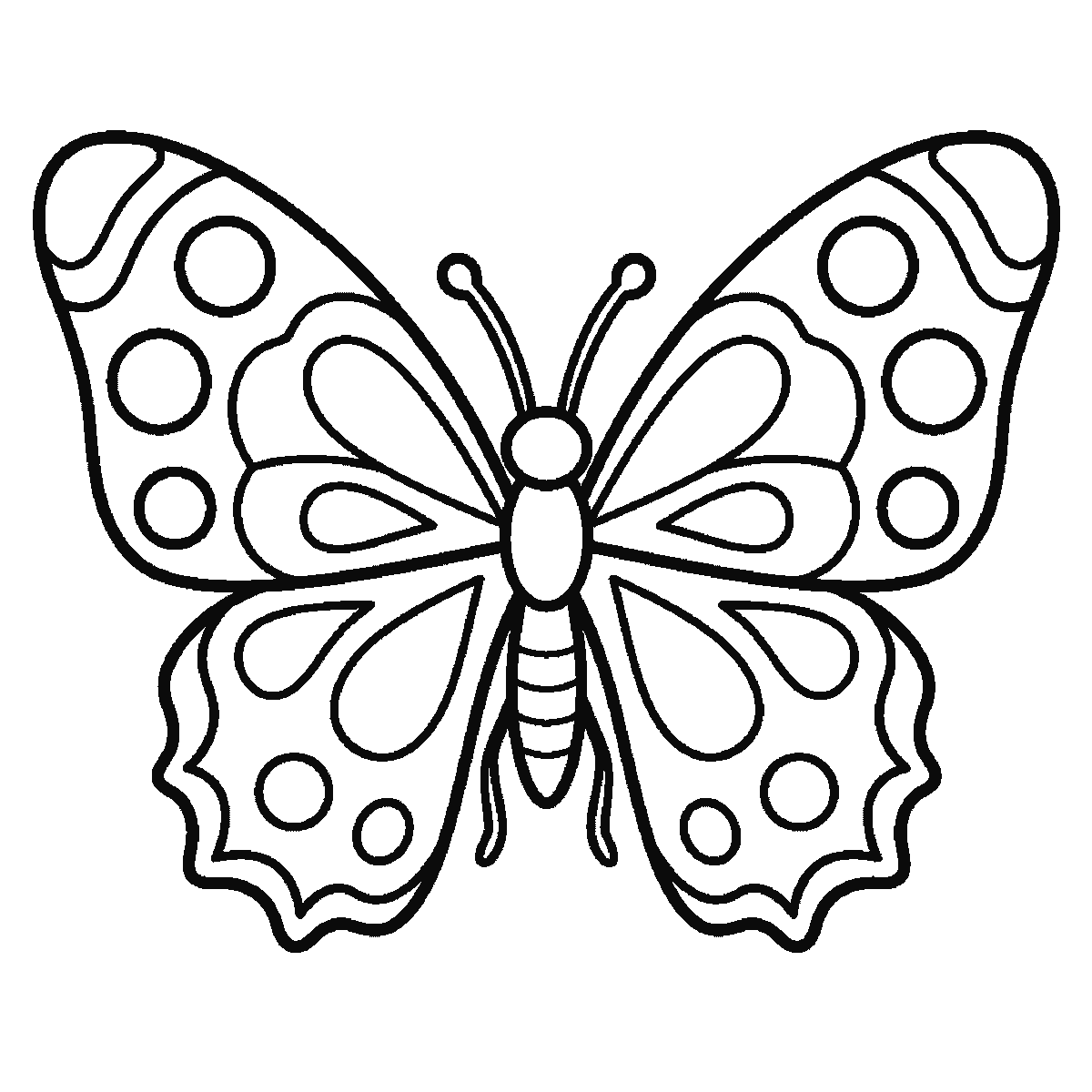 Step 6 of 6: Step-by-step drawing sheet: a butterfly seen from above, built up over six frames from the two lower wings to the upper pair, then their spots and teardrop markings, and the body and antennae last, black outlines on white