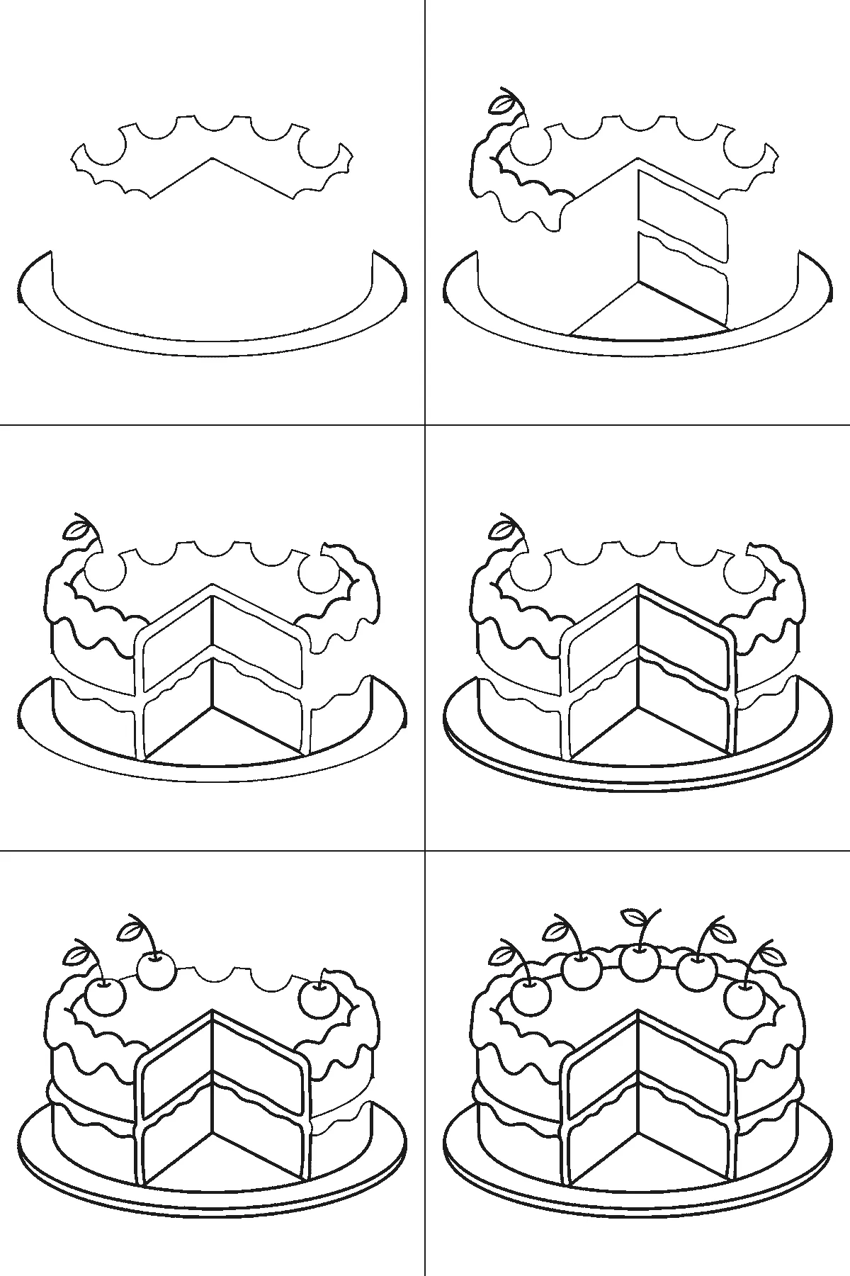 Step-by-step drawing sheet: a round two-layer cake on a plate with a slice cut out, built up over six frames from the wavy notched icing rim and the plate’s front edge to both cut faces showing the layers, with the five cherries last, black outlines on white