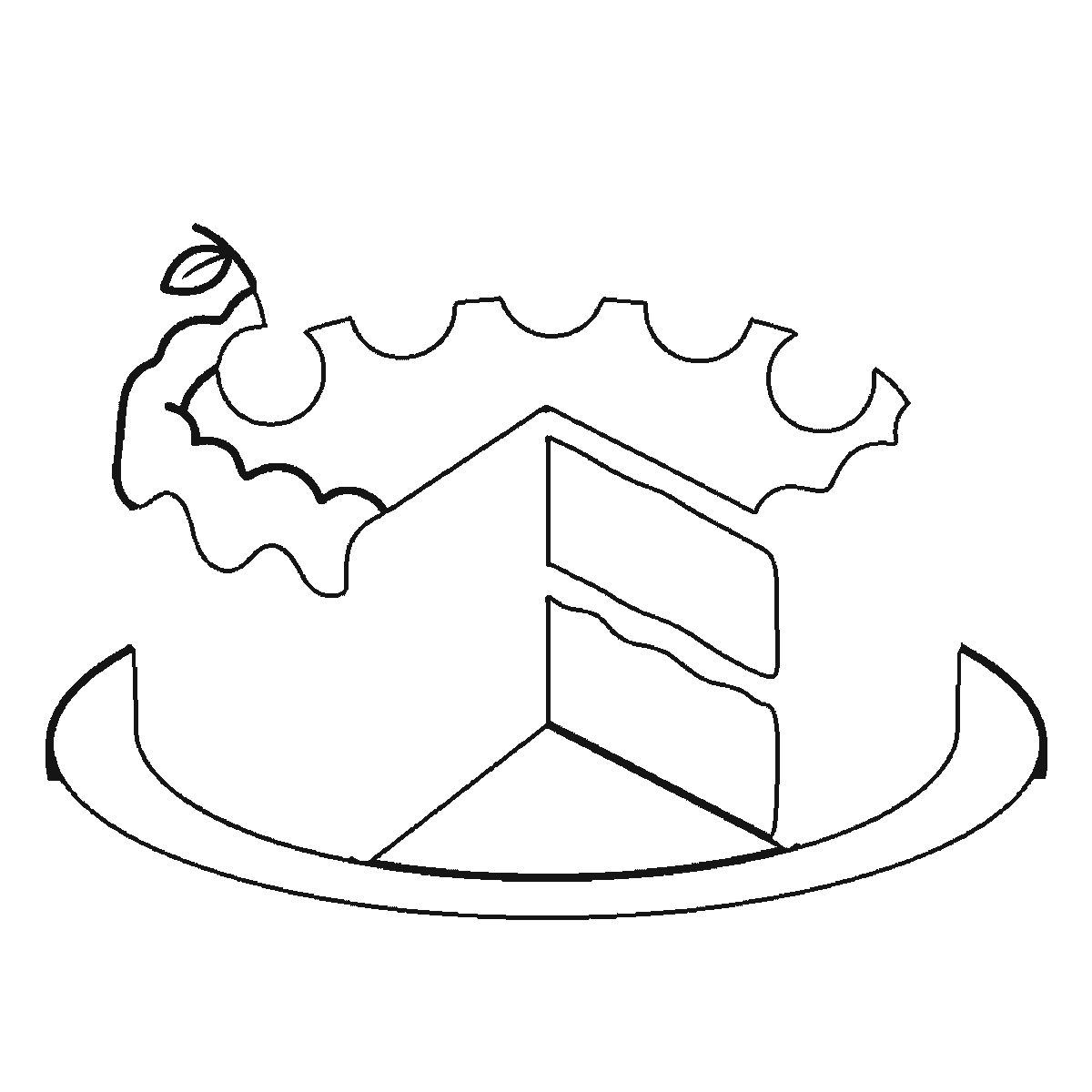 Step 2 of 6: Step-by-step drawing sheet: a round two-layer cake on a plate with a slice cut out, built up over six frames from the wavy notched icing rim and the plate’s front edge to both cut faces showing the layers, with the five cherries last, black outlines on white