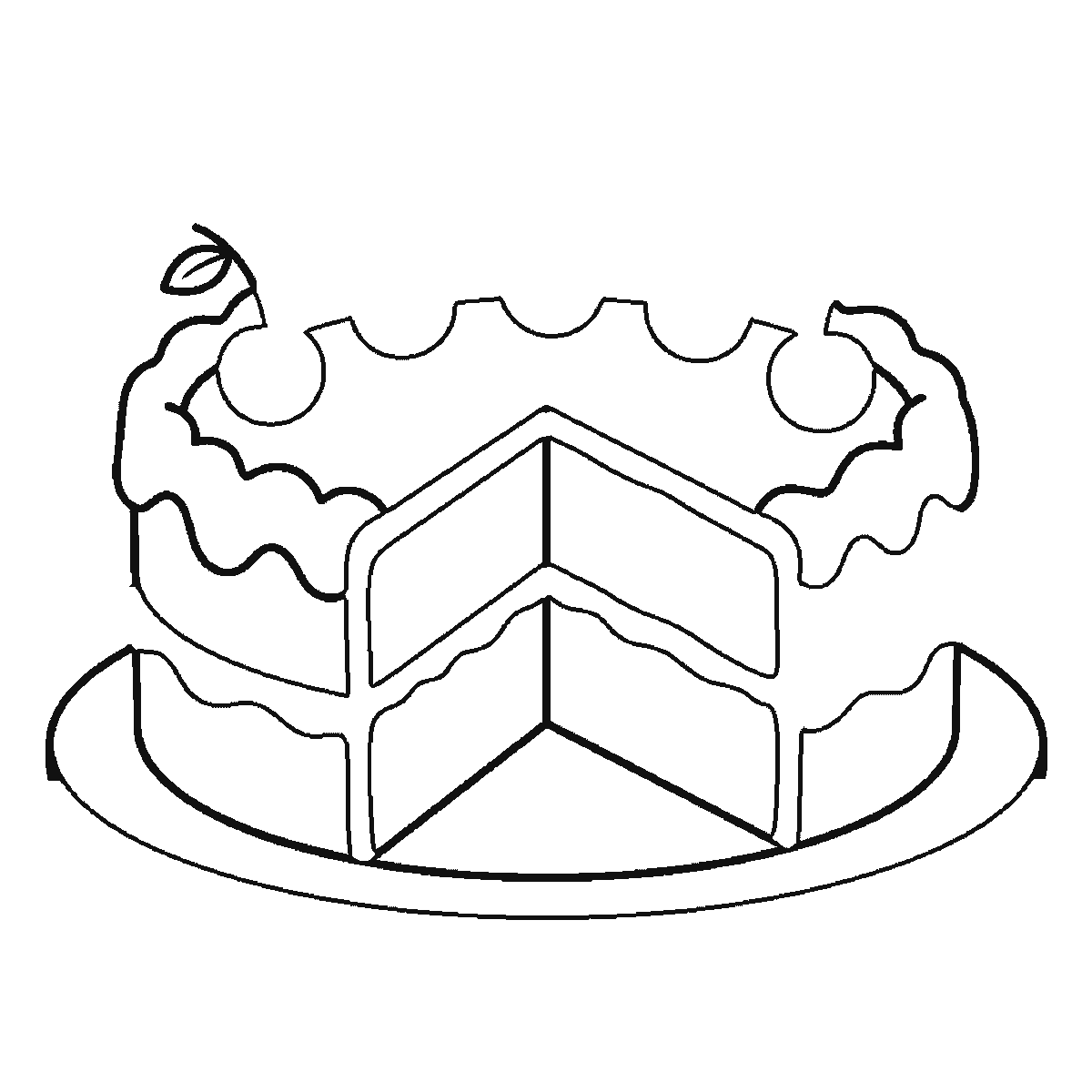 Step 3 of 6: Step-by-step drawing sheet: a round two-layer cake on a plate with a slice cut out, built up over six frames from the wavy notched icing rim and the plate’s front edge to both cut faces showing the layers, with the five cherries last, black outlines on white