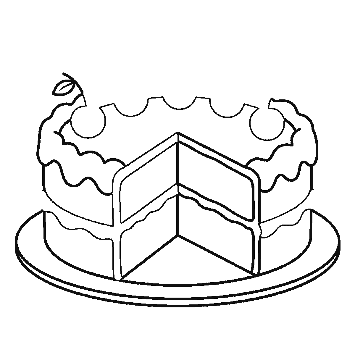 Step 4 of 6: Step-by-step drawing sheet: a round two-layer cake on a plate with a slice cut out, built up over six frames from the wavy notched icing rim and the plate’s front edge to both cut faces showing the layers, with the five cherries last, black outlines on white
