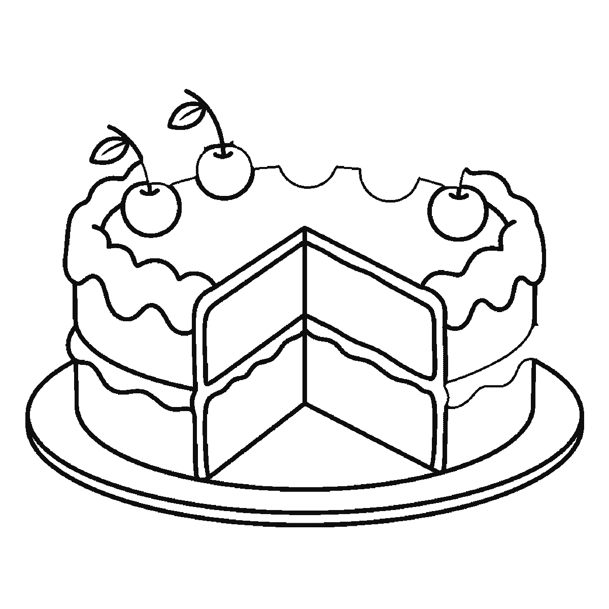 Step 5 of 6: Step-by-step drawing sheet: a round two-layer cake on a plate with a slice cut out, built up over six frames from the wavy notched icing rim and the plate’s front edge to both cut faces showing the layers, with the five cherries last, black outlines on white