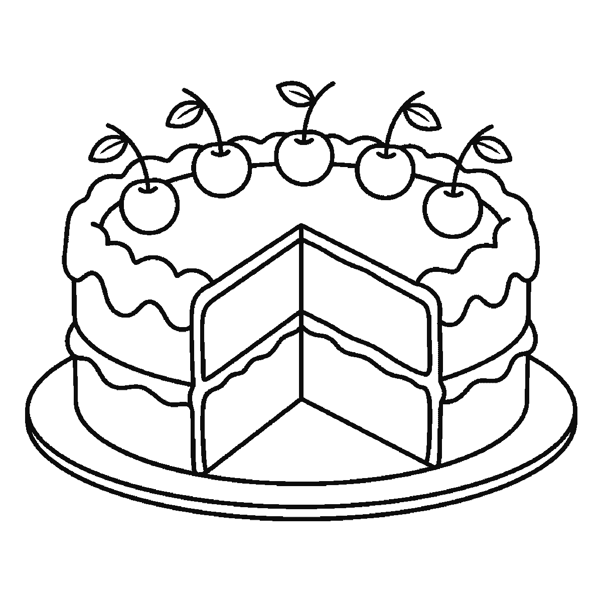 Step 6 of 6: Step-by-step drawing sheet: a round two-layer cake on a plate with a slice cut out, built up over six frames from the wavy notched icing rim and the plate’s front edge to both cut faces showing the layers, with the five cherries last, black outlines on white