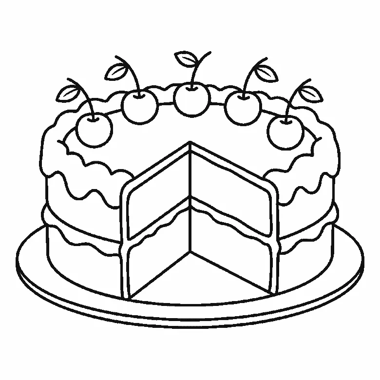 Step-by-step drawing sheet: a round two-layer cake on a plate with a slice cut out, built up over six frames from the wavy notched icing rim and the plate’s front edge to both cut faces showing the layers, with the five cherries last, black outlines on white