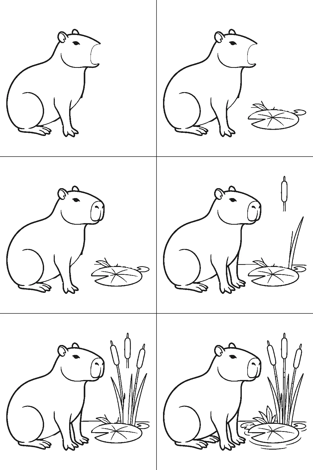 Step-by-step drawing sheet: a capybara sitting calmly in profile beside a lily pad and a stand of bulrushes, built up over six frames from the whole animal to the pad, the reeds, the far feet and the water lines, black outlines on white