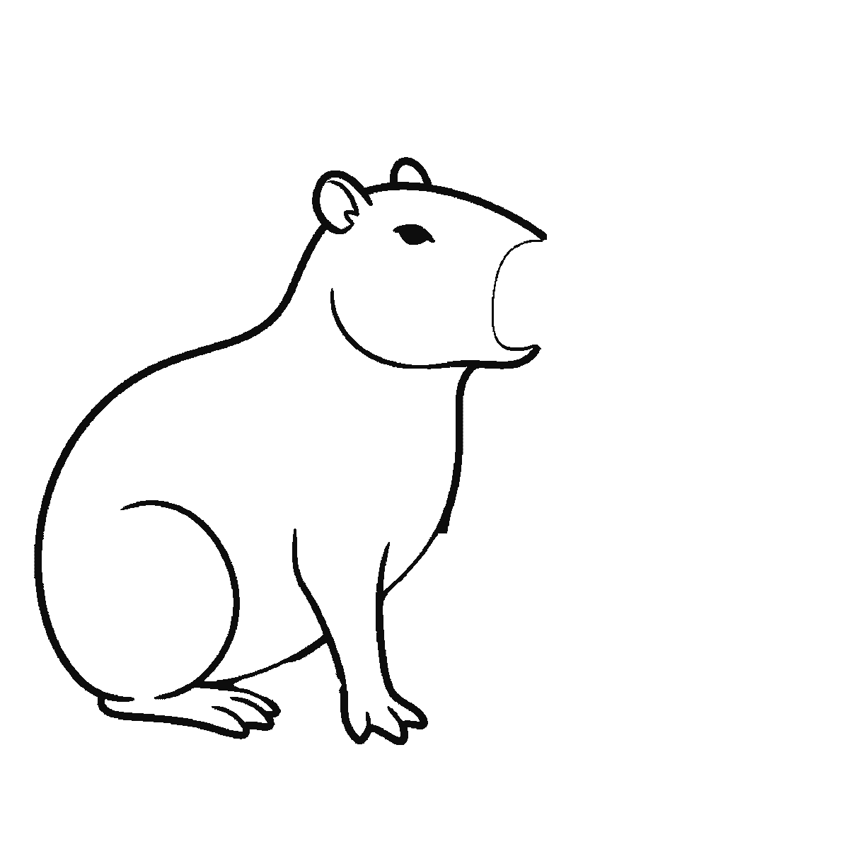 Step 1 of 6: Step-by-step drawing sheet: a capybara sitting calmly in profile beside a lily pad and a stand of bulrushes, built up over six frames from the whole animal to the pad, the reeds, the far feet and the water lines, black outlines on white