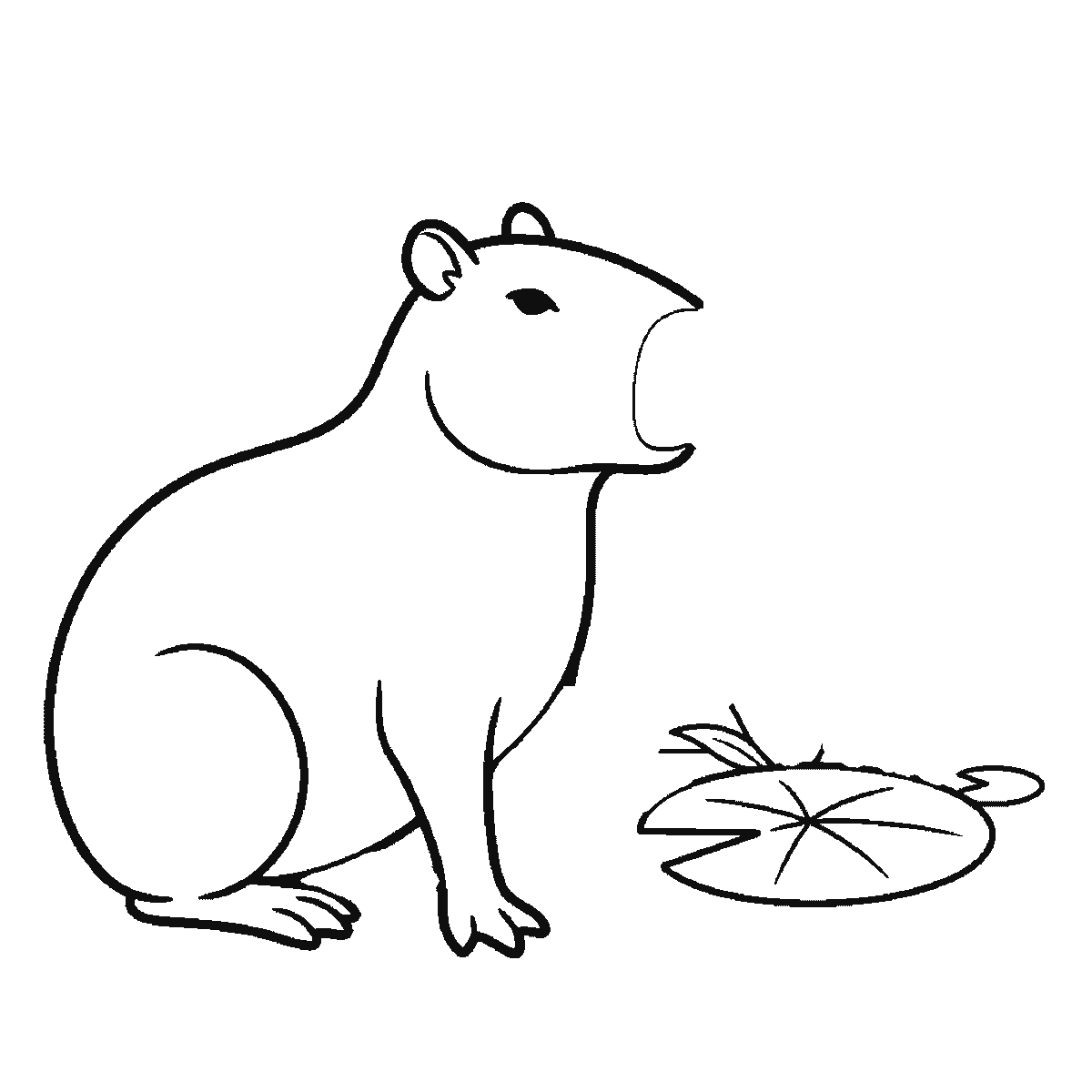 Step 2 of 6: Step-by-step drawing sheet: a capybara sitting calmly in profile beside a lily pad and a stand of bulrushes, built up over six frames from the whole animal to the pad, the reeds, the far feet and the water lines, black outlines on white