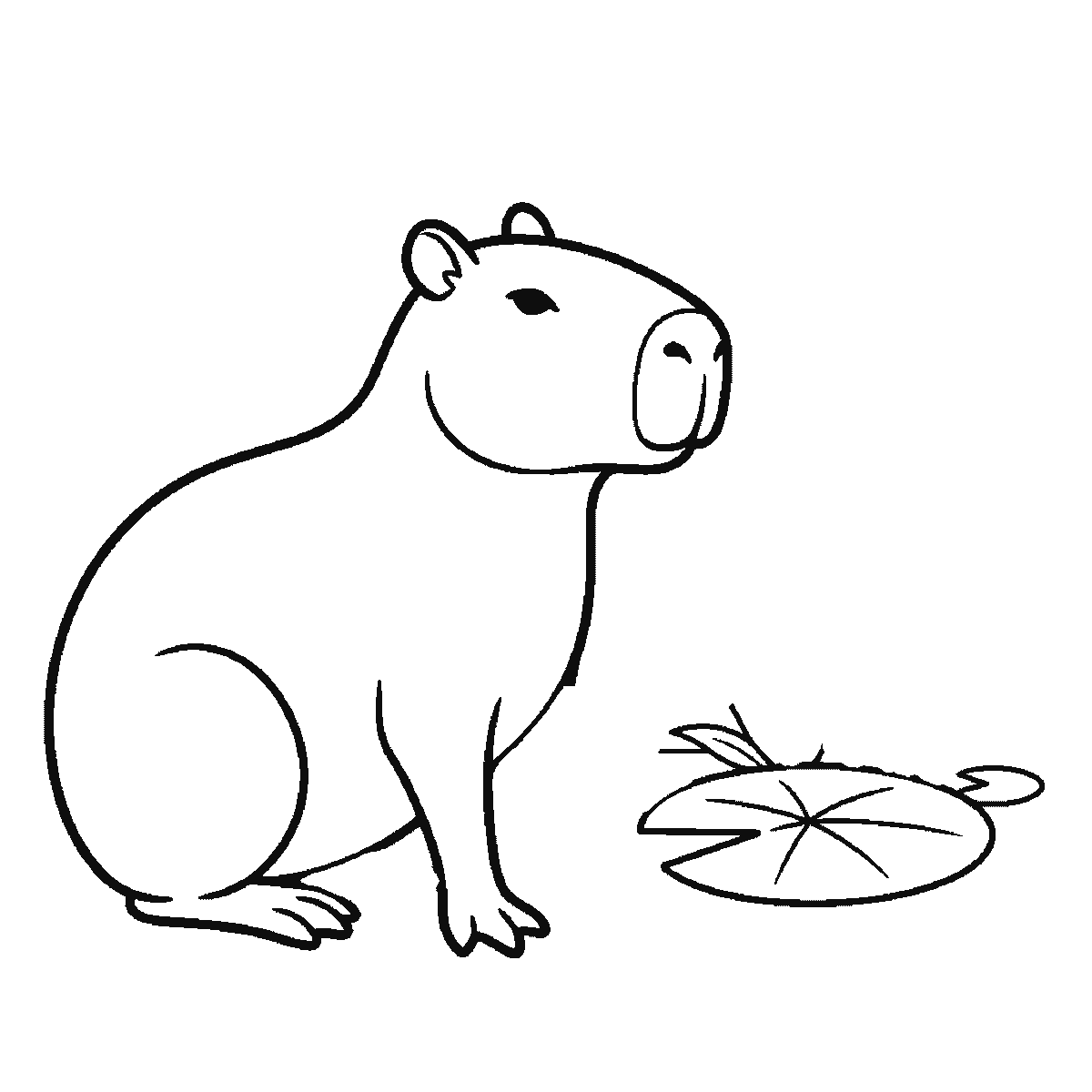 Step 3 of 6: Step-by-step drawing sheet: a capybara sitting calmly in profile beside a lily pad and a stand of bulrushes, built up over six frames from the whole animal to the pad, the reeds, the far feet and the water lines, black outlines on white
