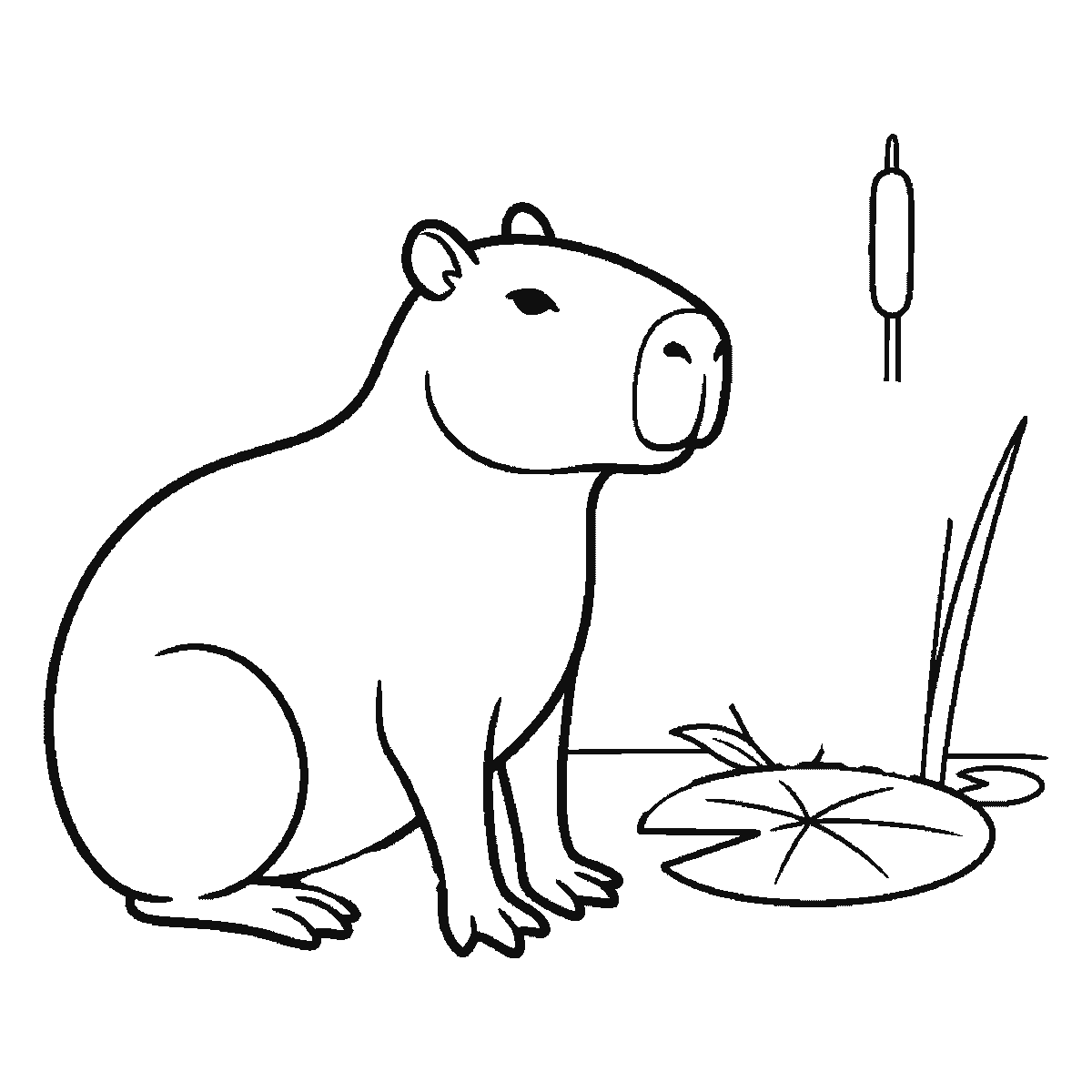 Step 4 of 6: Step-by-step drawing sheet: a capybara sitting calmly in profile beside a lily pad and a stand of bulrushes, built up over six frames from the whole animal to the pad, the reeds, the far feet and the water lines, black outlines on white