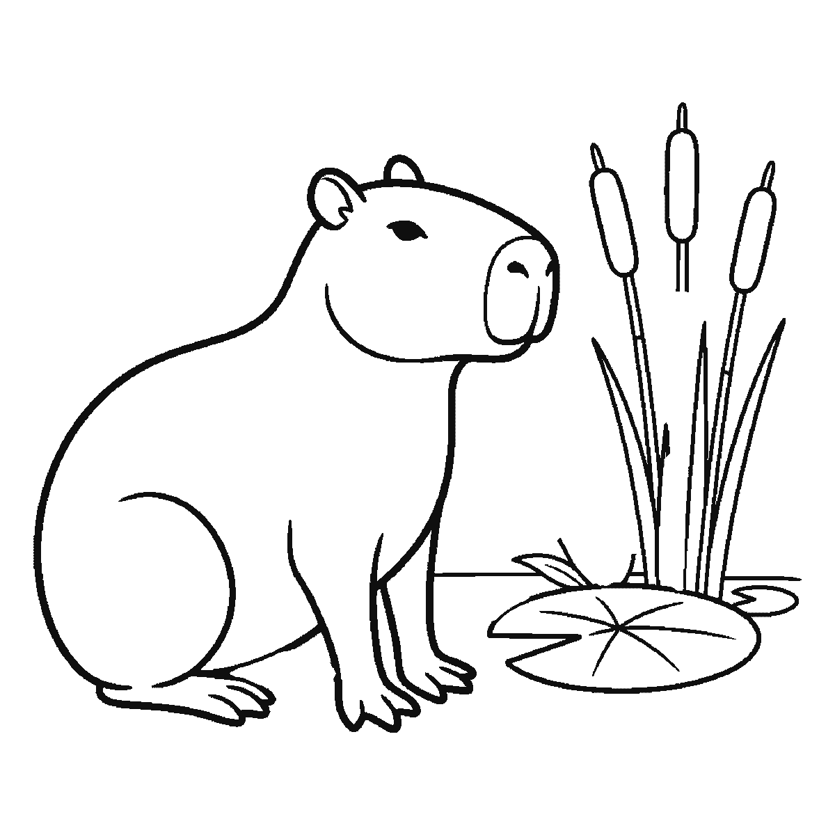 Step 5 of 6: Step-by-step drawing sheet: a capybara sitting calmly in profile beside a lily pad and a stand of bulrushes, built up over six frames from the whole animal to the pad, the reeds, the far feet and the water lines, black outlines on white