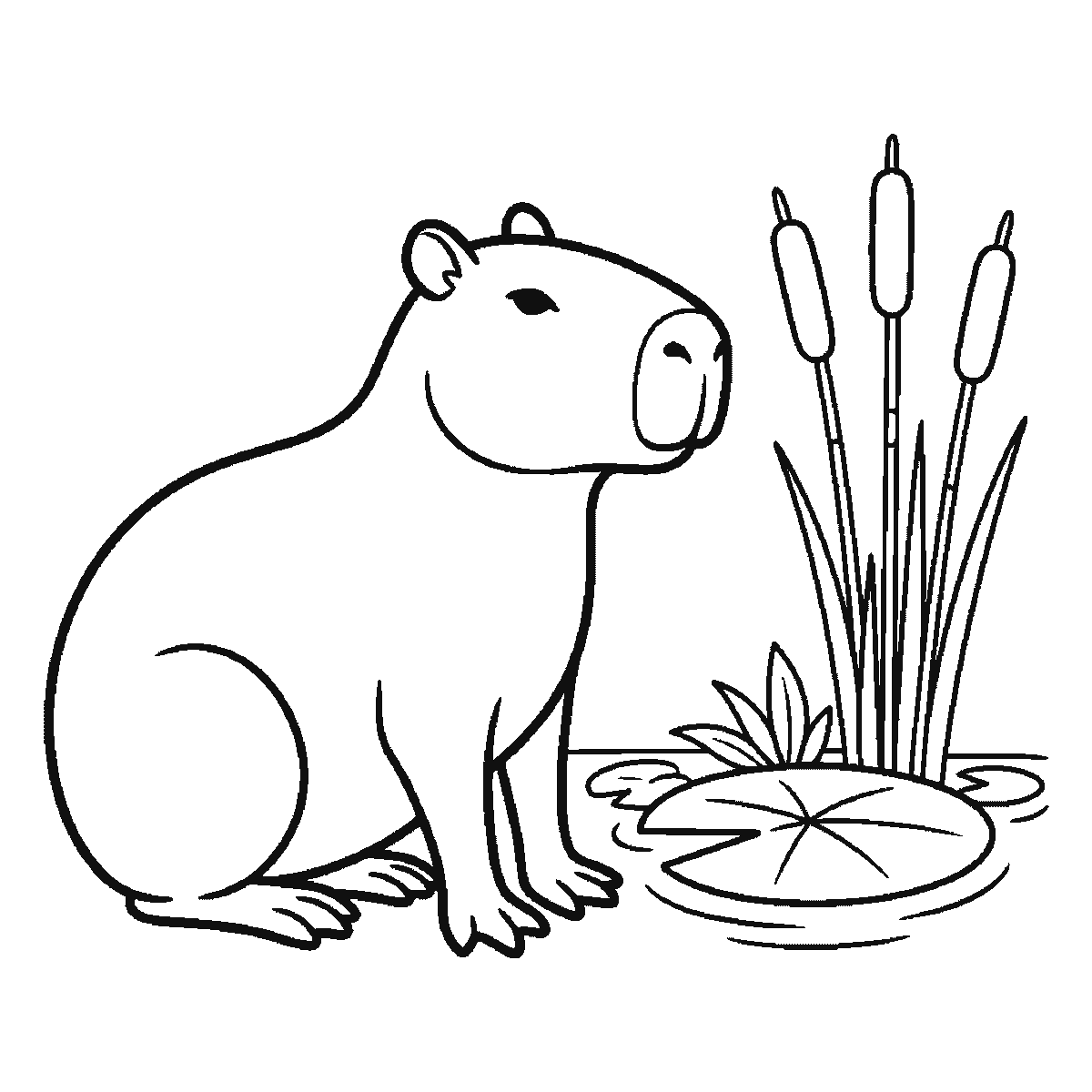 Step 6 of 6: Step-by-step drawing sheet: a capybara sitting calmly in profile beside a lily pad and a stand of bulrushes, built up over six frames from the whole animal to the pad, the reeds, the far feet and the water lines, black outlines on white