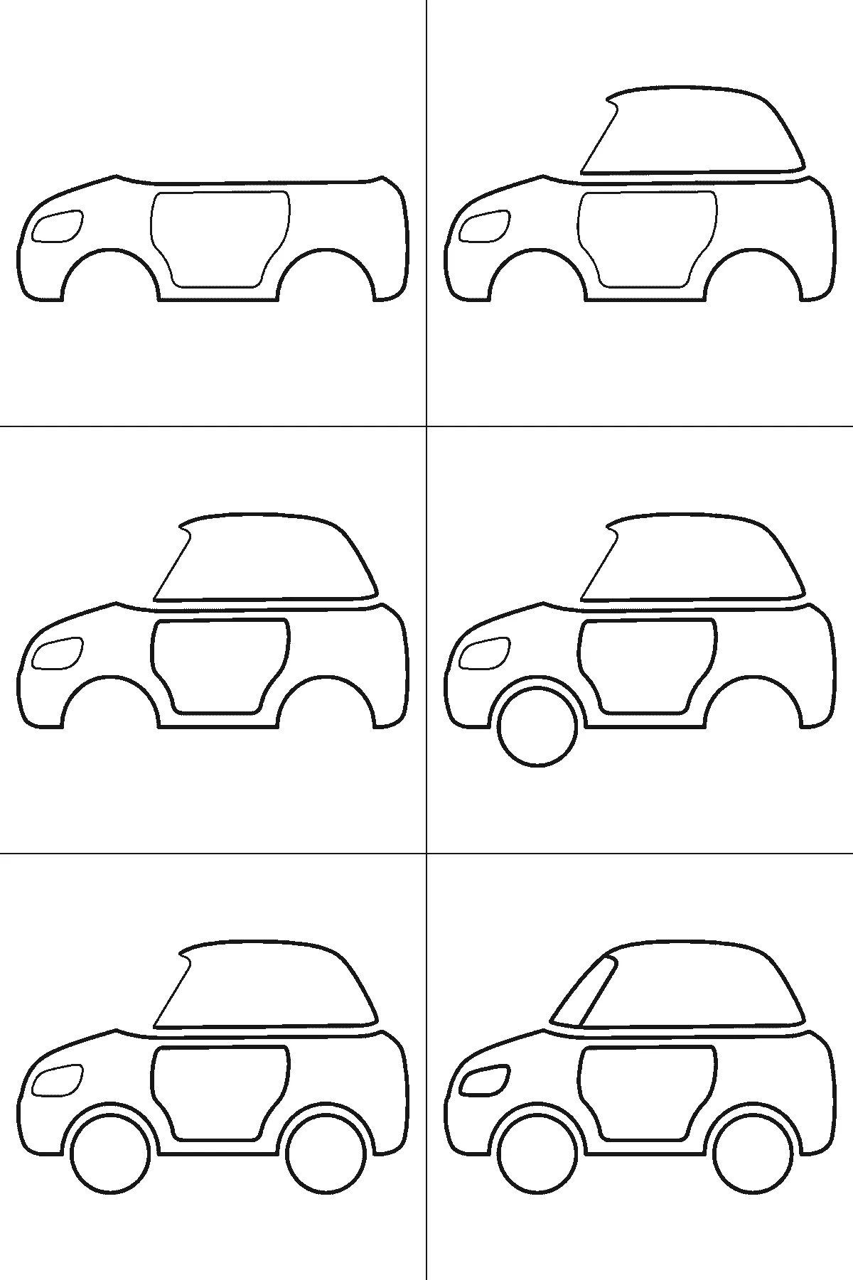 Step-by-step drawing sheet: a small family car seen from the side, built up over six frames from the body to the roof, windows, wheels and lights, black outlines on white