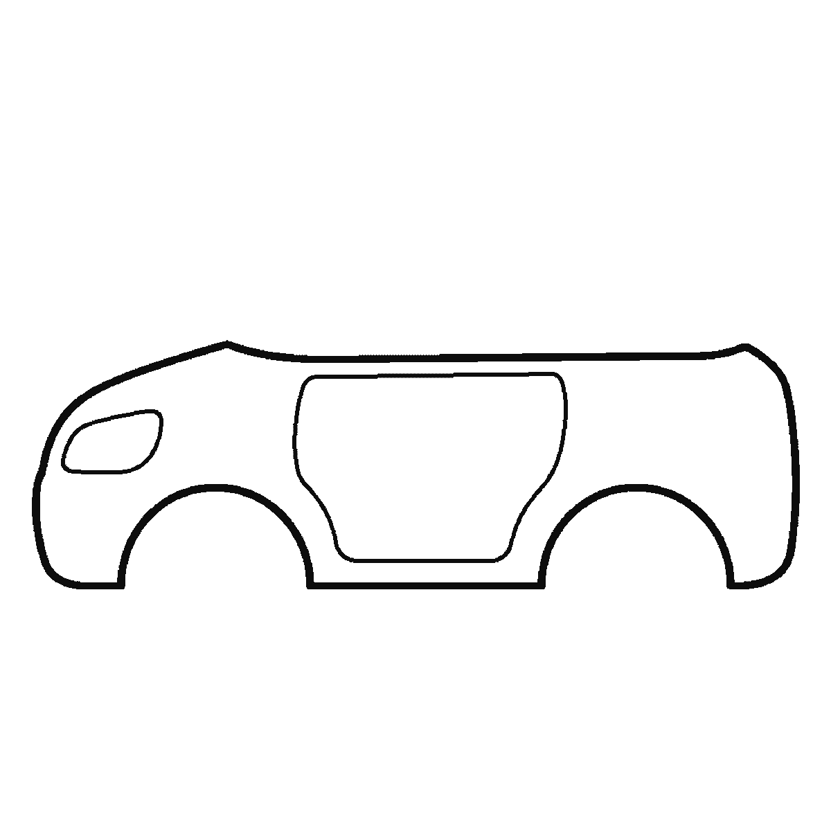Step 1 of 6: Step-by-step drawing sheet: a small family car seen from the side, built up over six frames from the body to the roof, windows, wheels and lights, black outlines on white