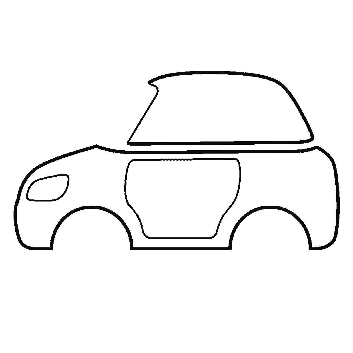 Step 2 of 6: Step-by-step drawing sheet: a small family car seen from the side, built up over six frames from the body to the roof, windows, wheels and lights, black outlines on white